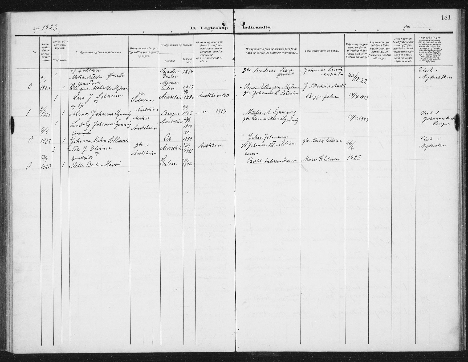 Lindås Sokneprestembete, SAB/A-76701/H/Hab: Parish register (copy) no. C 5, 1910-1927, p. 181
