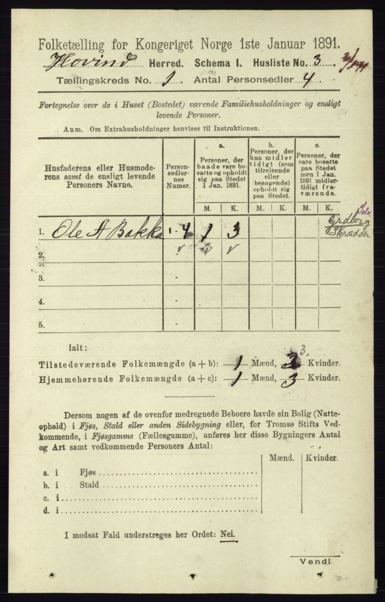 RA, 1891 census for 0825 Hovin, 1891, p. 19