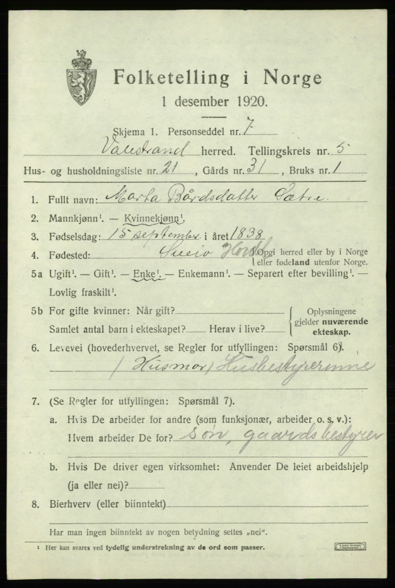 SAB, 1920 census for Valestrand, 1920, p. 2251