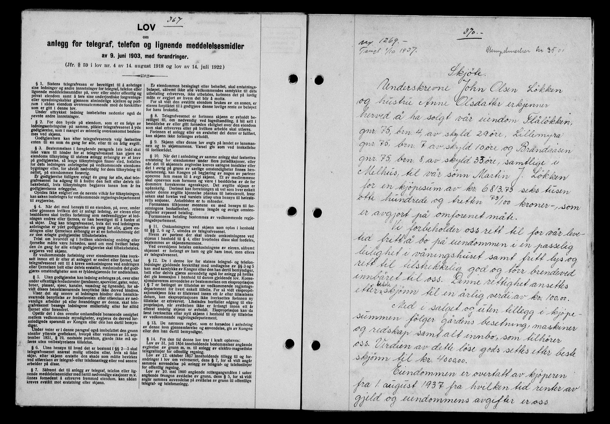 Gauldal sorenskriveri, SAT/A-0014/1/2/2C/L0047: Mortgage book no. 50-51, 1937-1937, Diary no: : 1269/1937