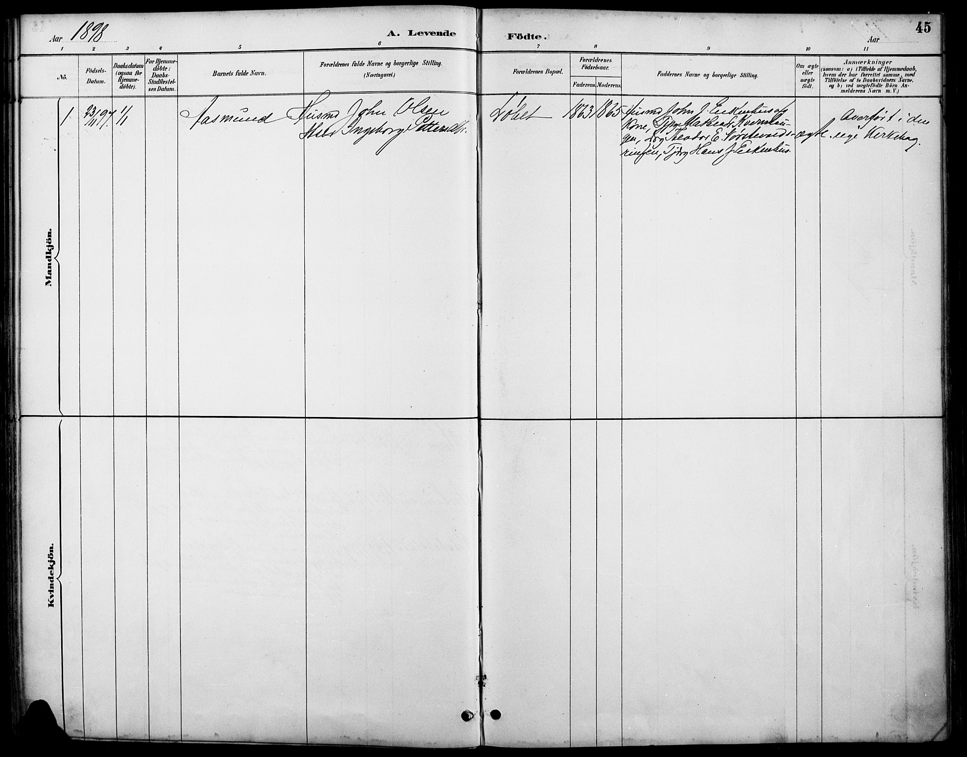 Østre Gausdal prestekontor, SAH/PREST-092/H/Ha/Haa/L0002: Parish register (official) no. 2, 1887-1897, p. 45