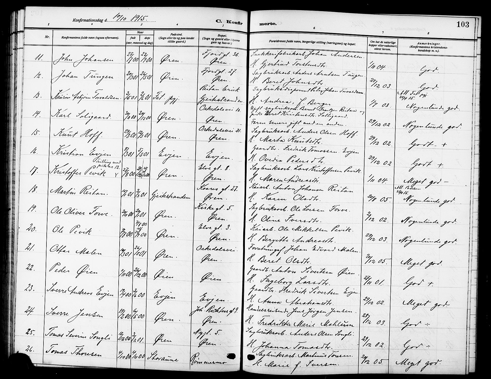Ministerialprotokoller, klokkerbøker og fødselsregistre - Sør-Trøndelag, SAT/A-1456/669/L0831: Parish register (copy) no. 669C01, 1909-1924, p. 103