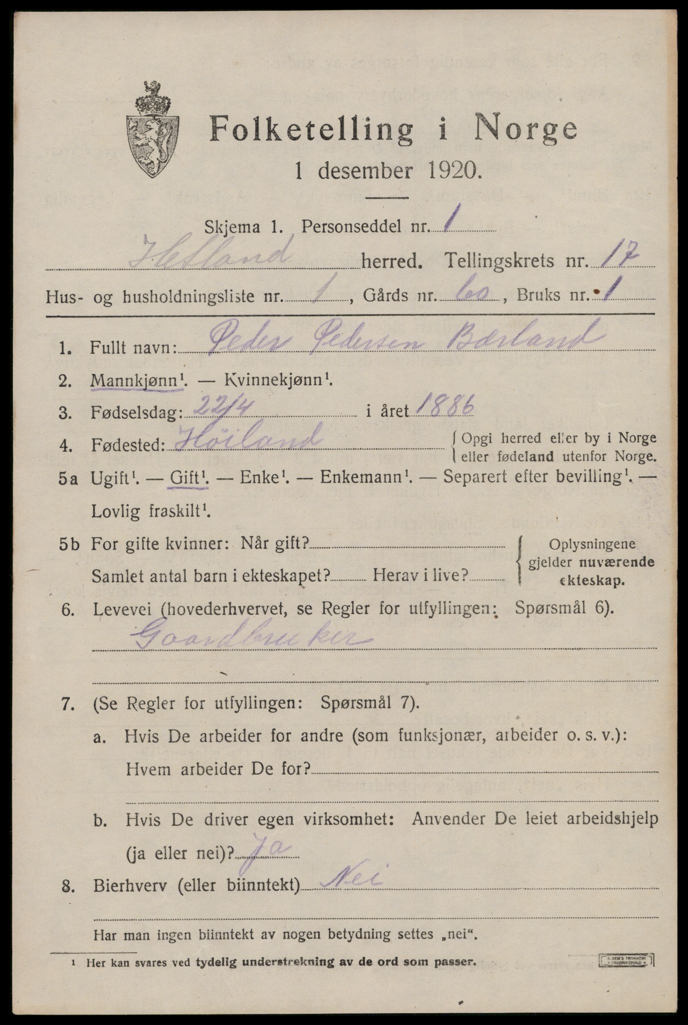 SAST, 1920 census for Hetland, 1920, p. 24539