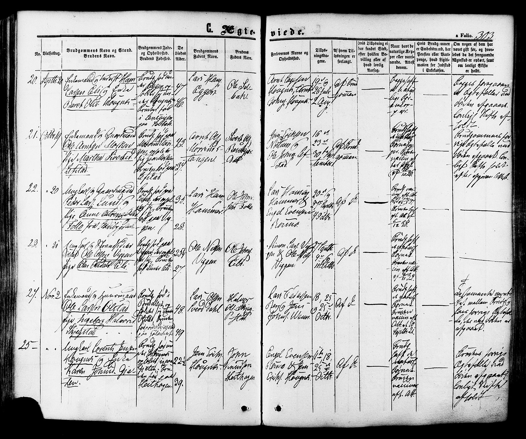 Ministerialprotokoller, klokkerbøker og fødselsregistre - Sør-Trøndelag, SAT/A-1456/665/L0772: Parish register (official) no. 665A07, 1856-1878, p. 303