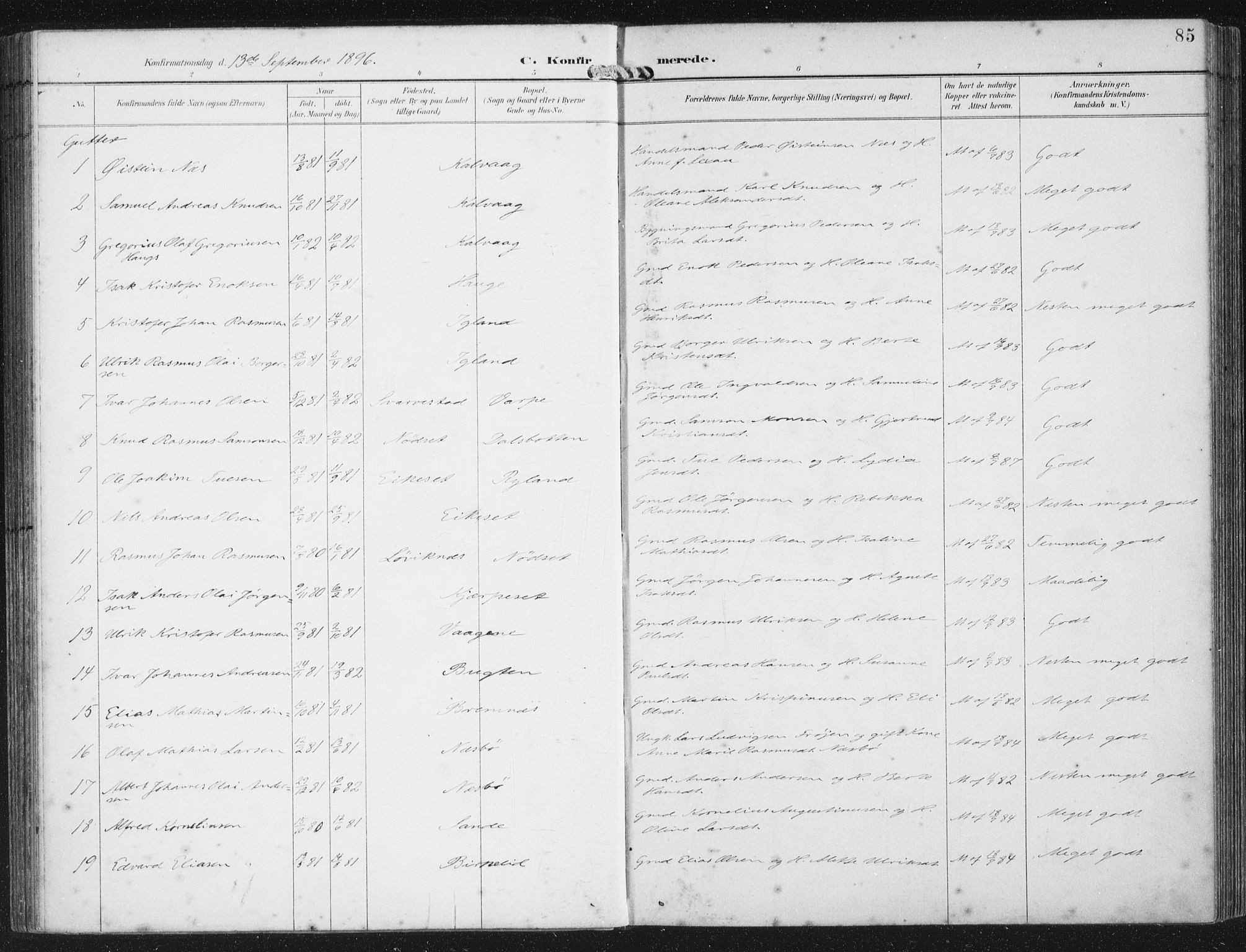Bremanger sokneprestembete, SAB/A-82201/H/Haa/Haab/L0002: Parish register (official) no. B  2, 1896-1908, p. 85