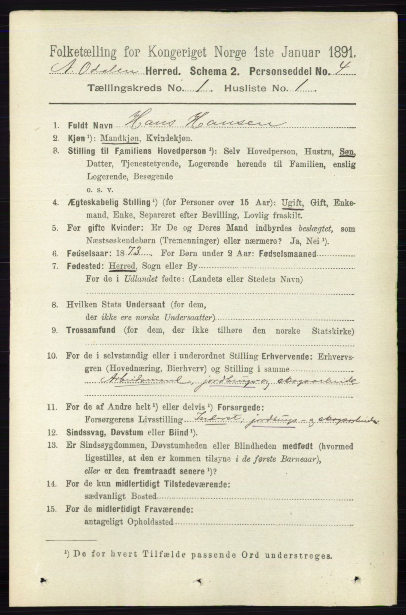 RA, 1891 census for 0418 Nord-Odal, 1891, p. 89