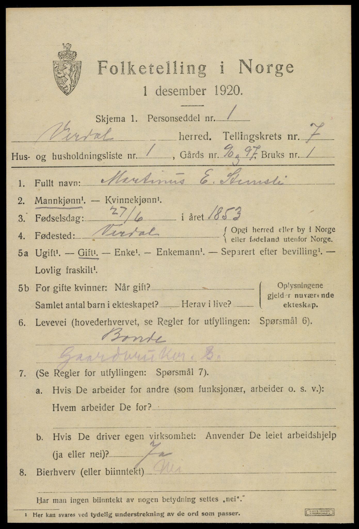 SAT, 1920 census for Verdal, 1920, p. 9521