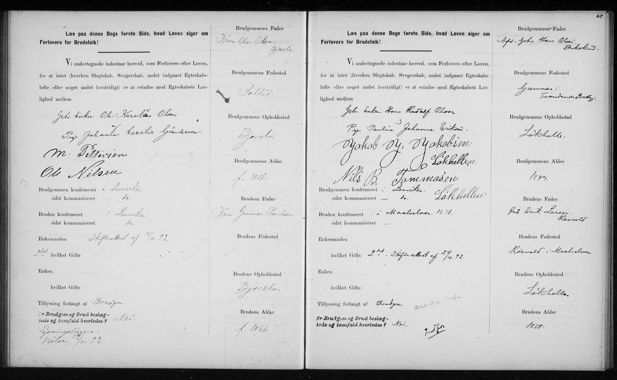 Lenvik sokneprestembete, AV/SATØ-S-1310/I/Ie/L0129: Banns register no. 129, 1890-1895, p. 62