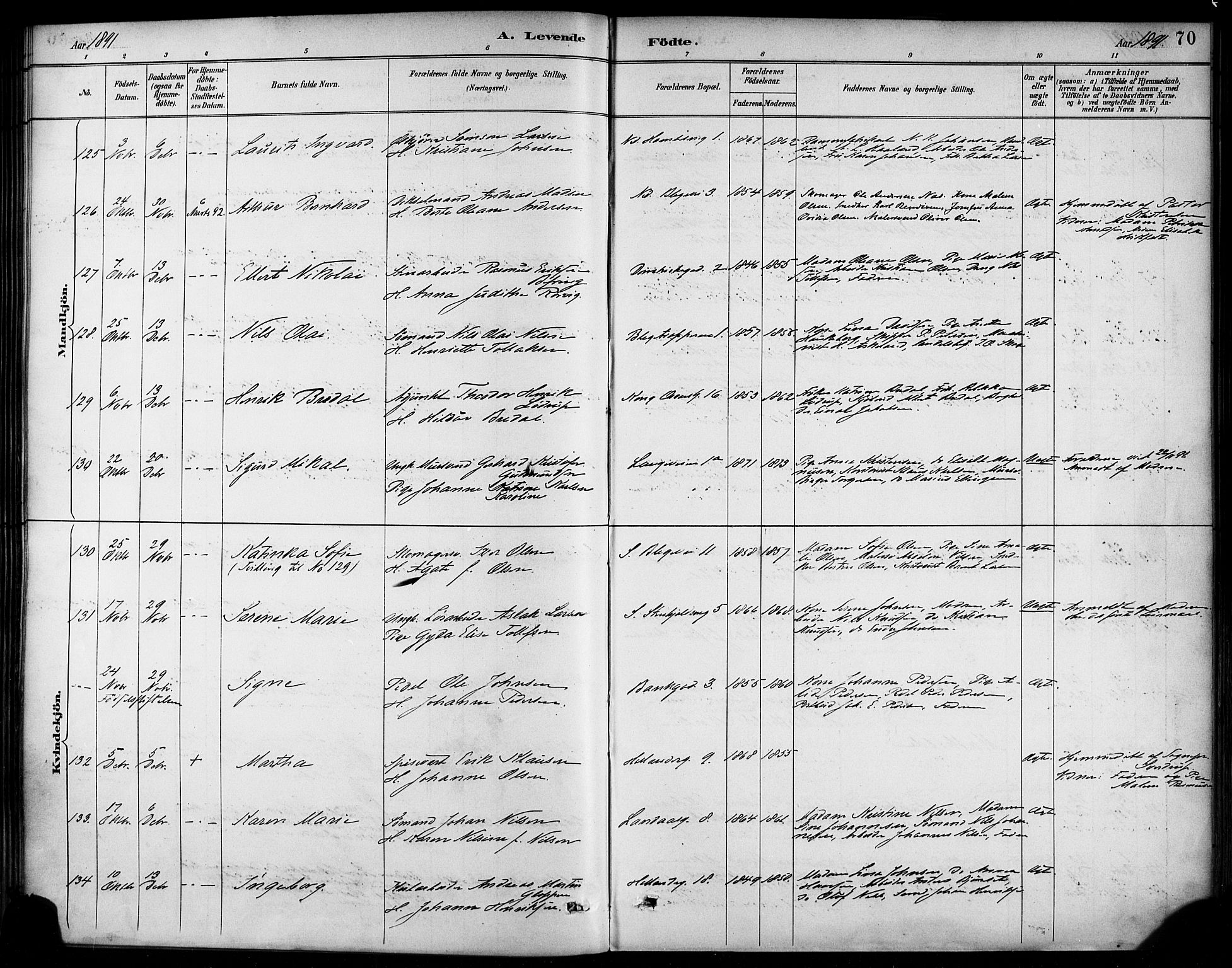 Korskirken sokneprestembete, AV/SAB-A-76101/H/Haa/L0022: Parish register (official) no. B 8, 1889-1899, p. 70