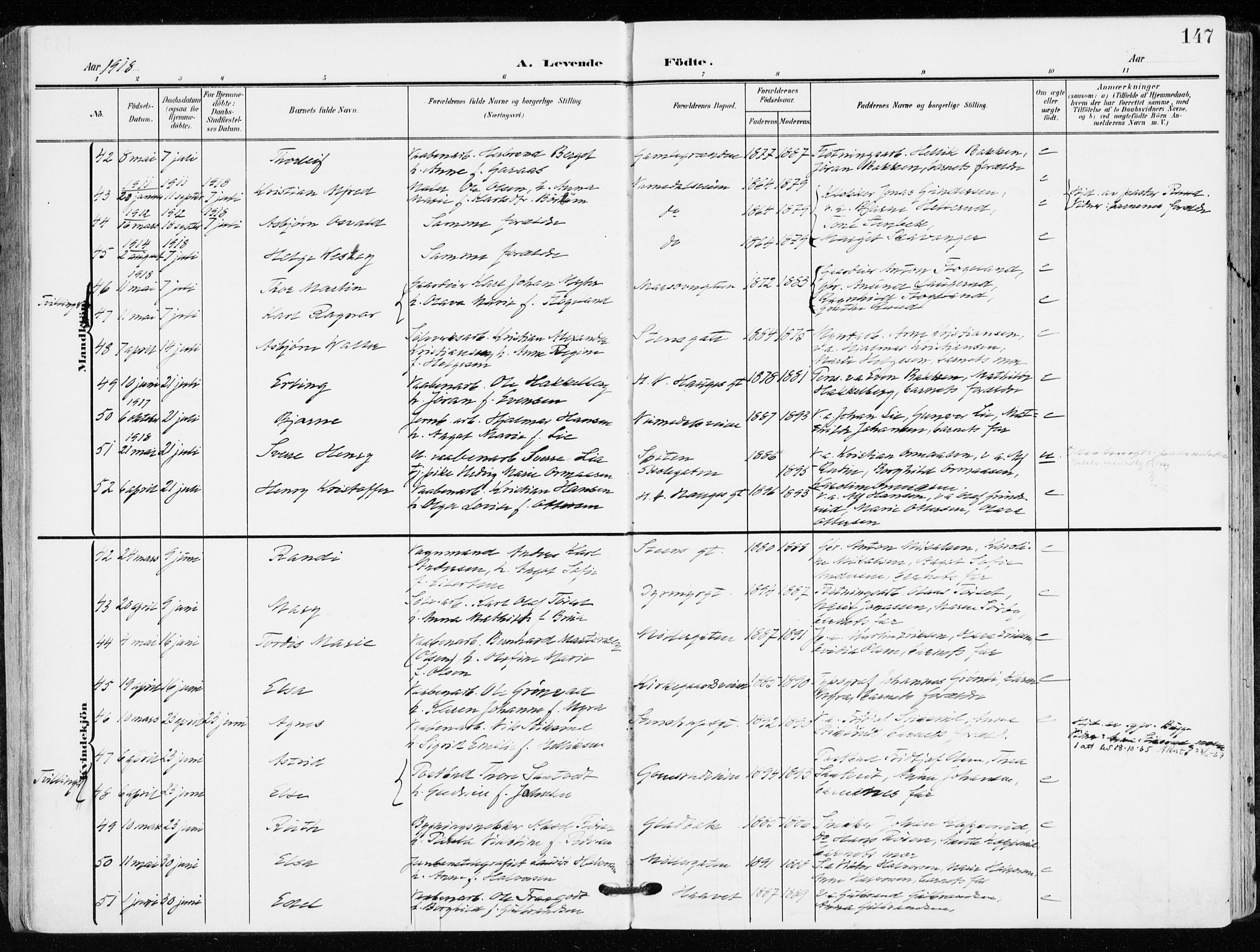 Kongsberg kirkebøker, AV/SAKO-A-22/F/Fb/L0004: Parish register (official) no. II 4, 1906-1918, p. 147