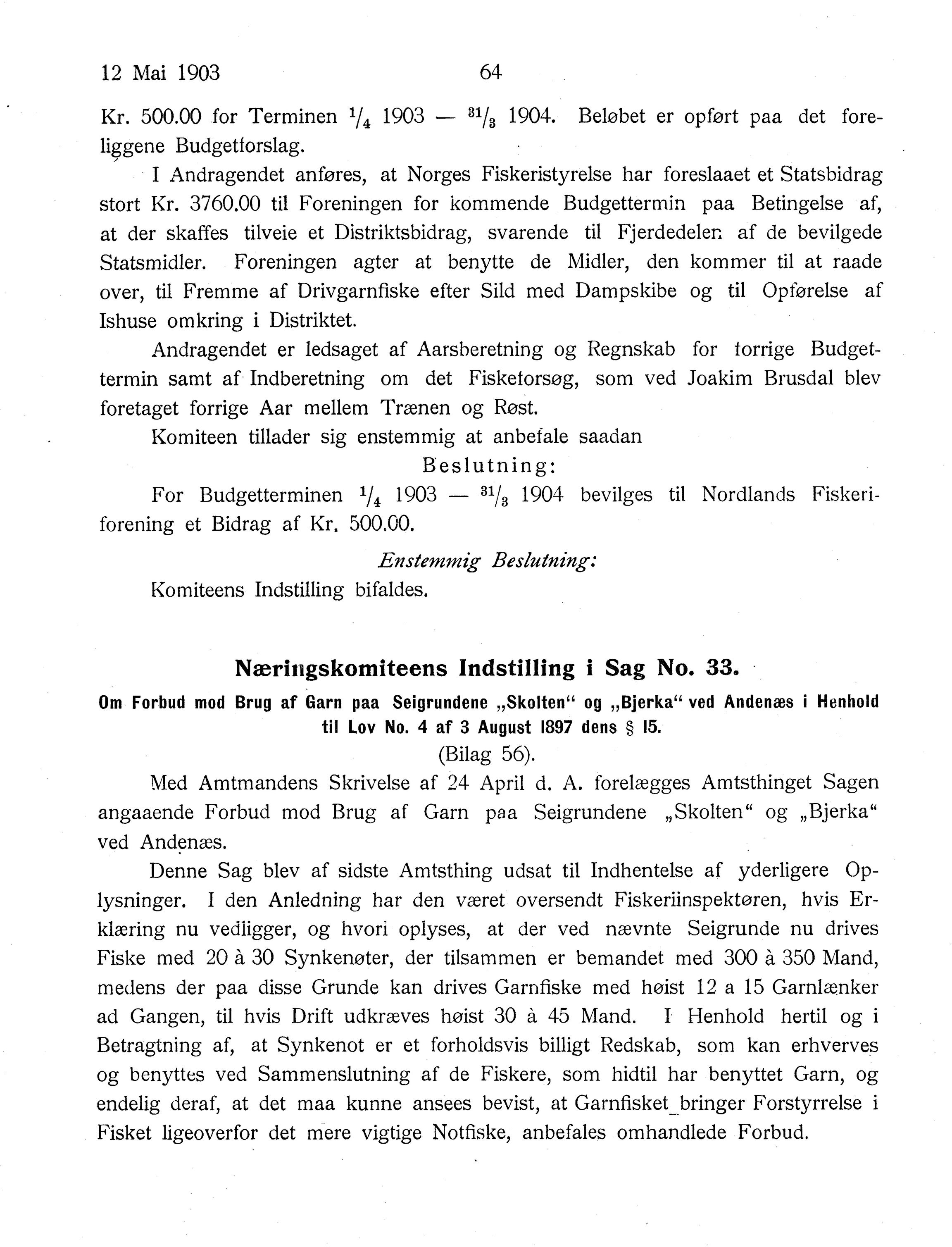 Nordland Fylkeskommune. Fylkestinget, AIN/NFK-17/176/A/Ac/L0026: Fylkestingsforhandlinger 1903, 1903