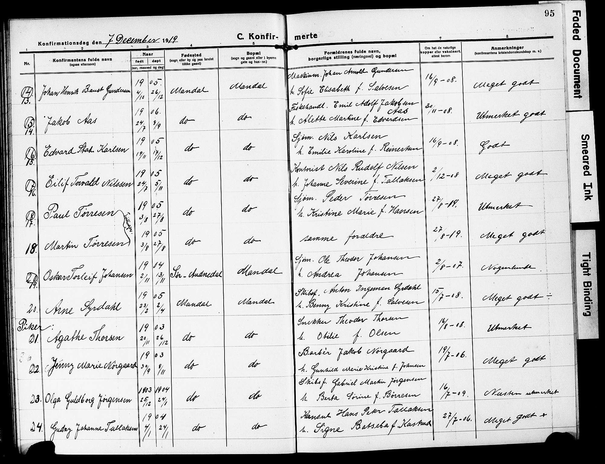 Mandal sokneprestkontor, AV/SAK-1111-0030/F/Fb/Fbc/L0001: Parish register (copy) no. B 1, 1918-1931, p. 95