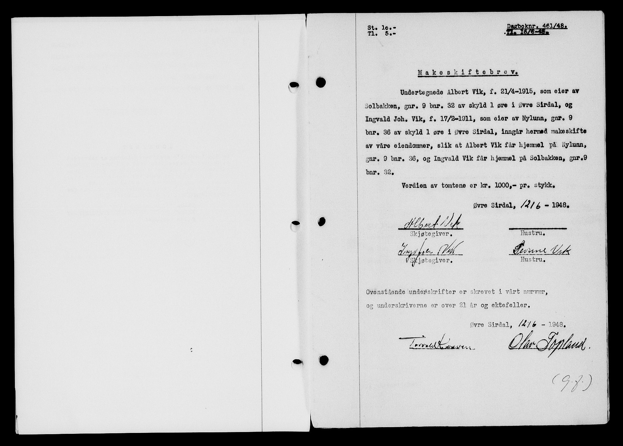 Flekkefjord sorenskriveri, AV/SAK-1221-0001/G/Gb/Gba/L0063: Mortgage book no. A-11, 1947-1948, Diary no: : 461/1948