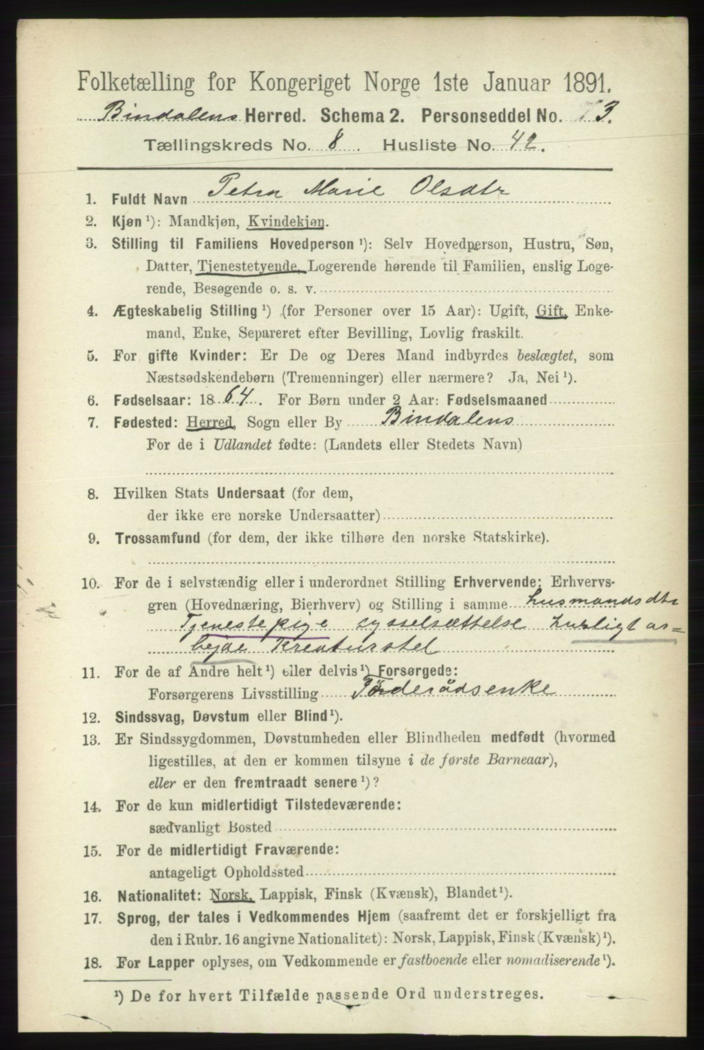 RA, 1891 census for 1811 Bindal, 1891, p. 2890
