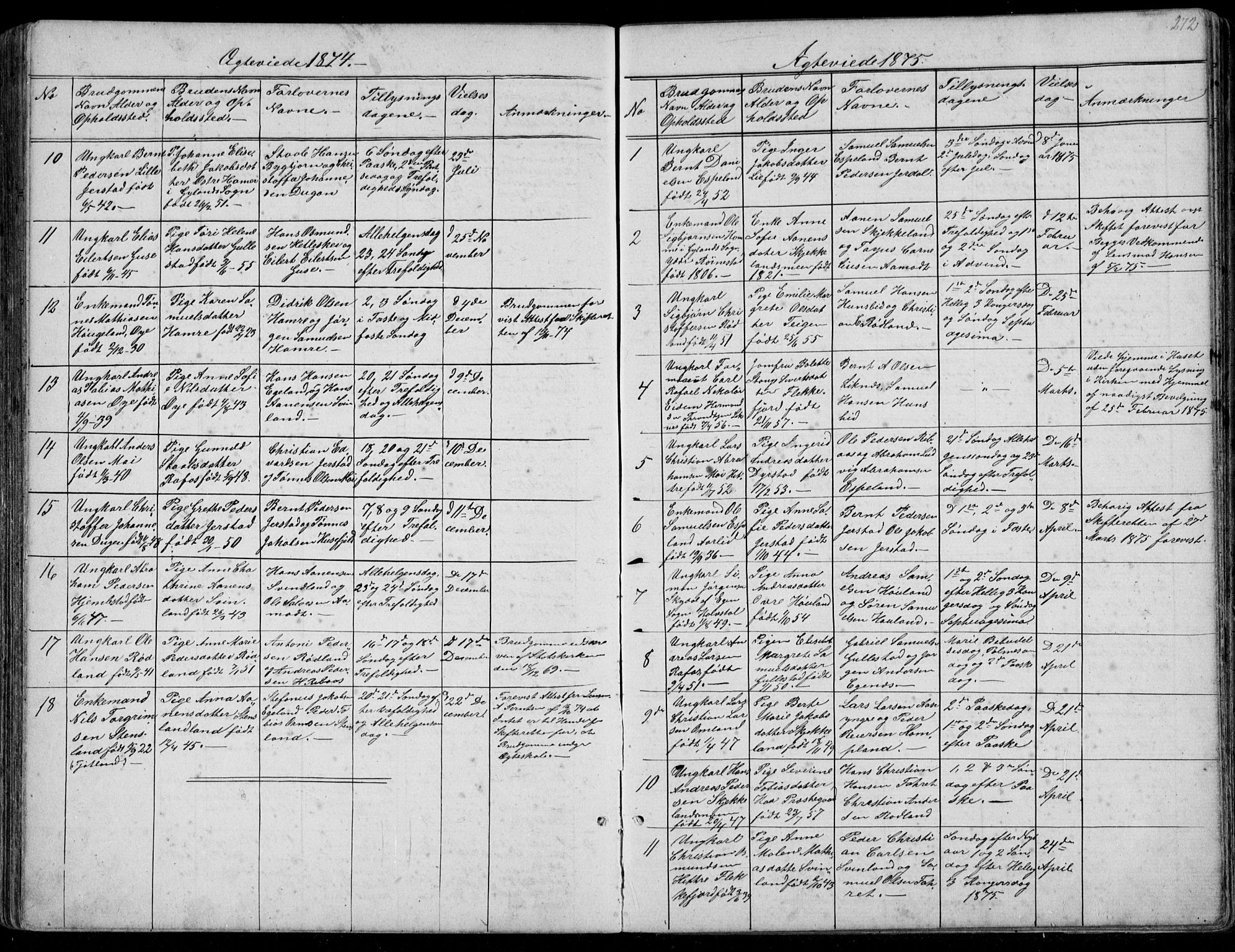 Kvinesdal sokneprestkontor, SAK/1111-0026/F/Fb/Fbb/L0002: Parish register (copy) no. B 2, 1873-1897, p. 272