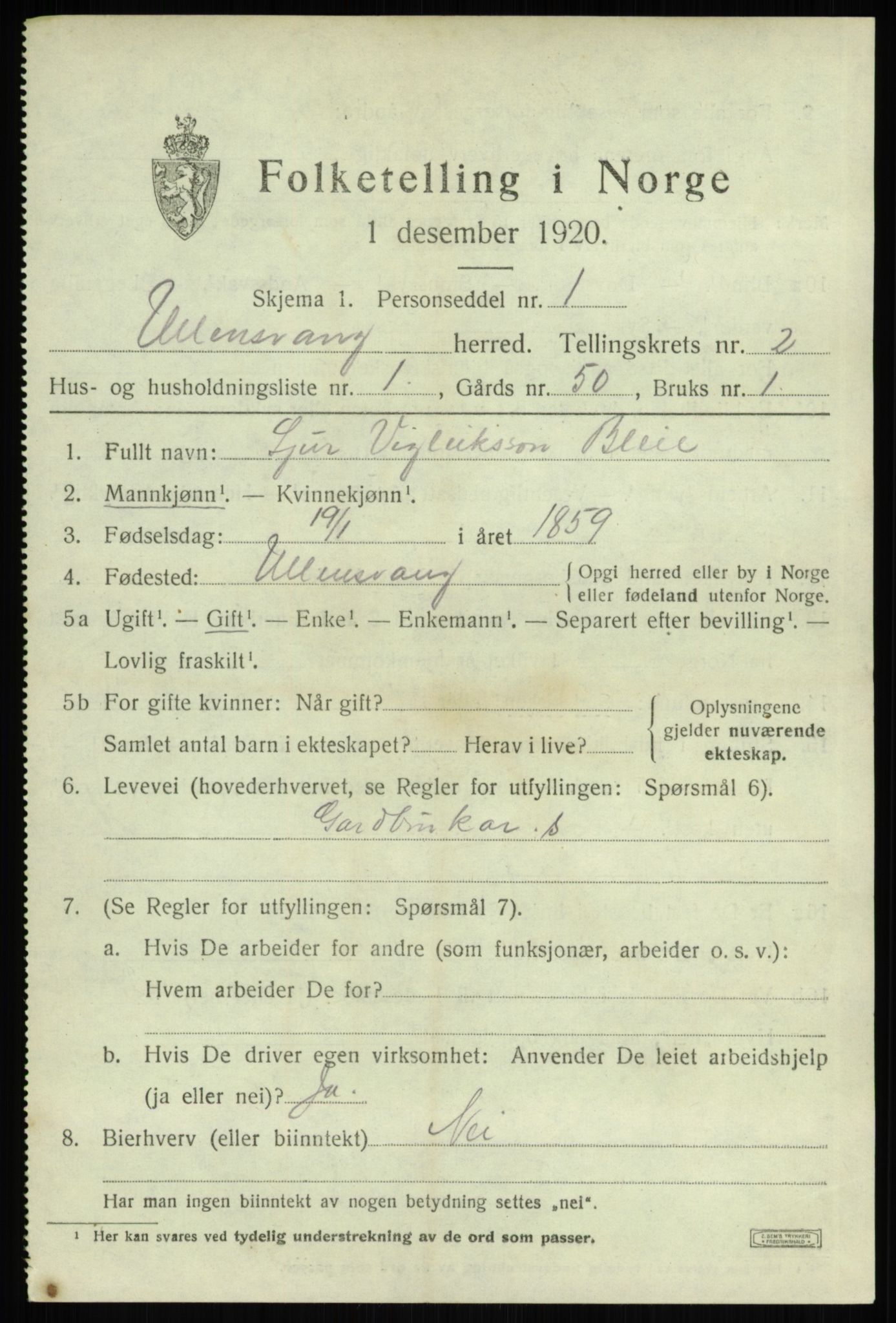 SAB, 1920 census for Ullensvang, 1920, p. 912