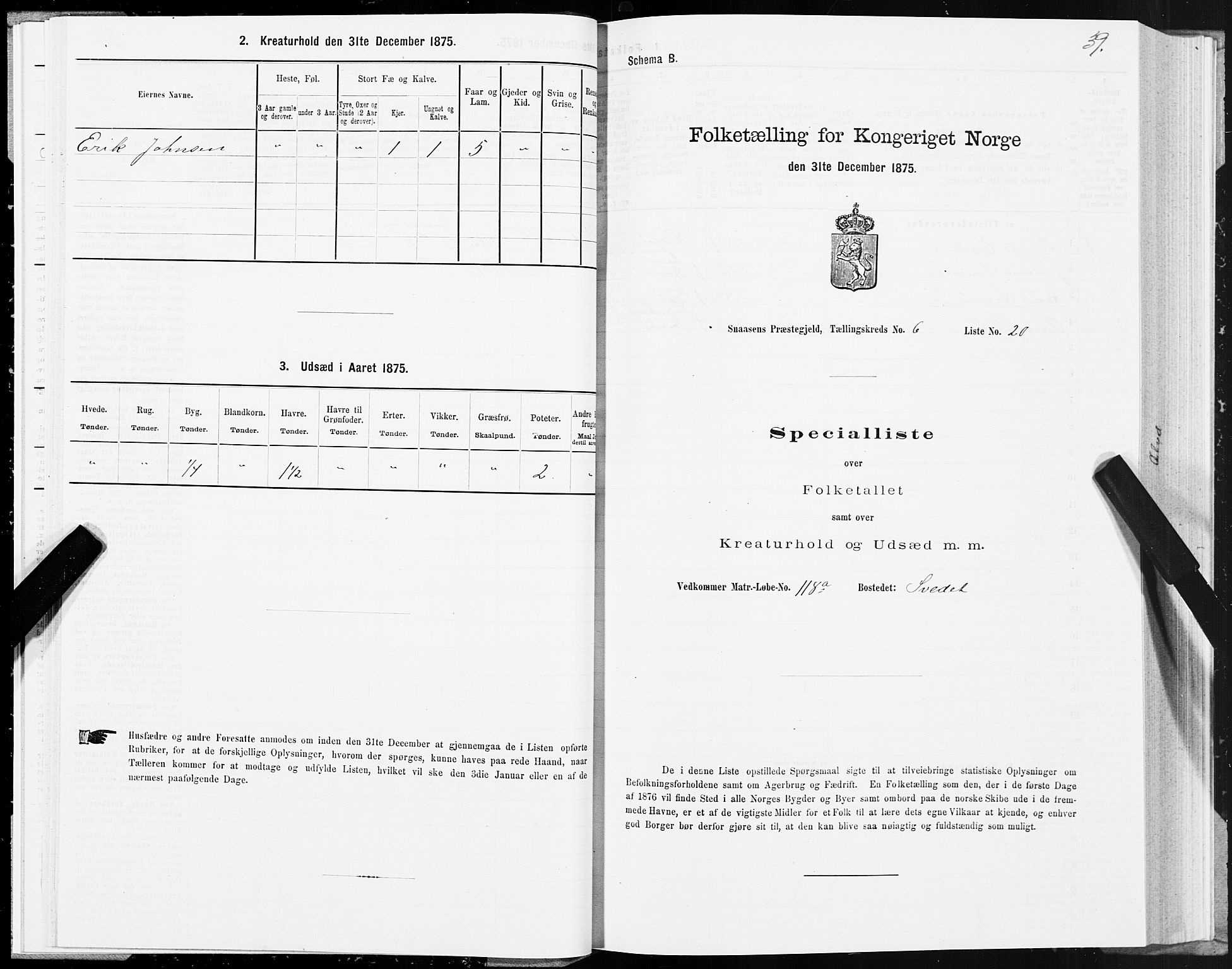 SAT, 1875 census for 1736P Snåsa, 1875, p. 3039
