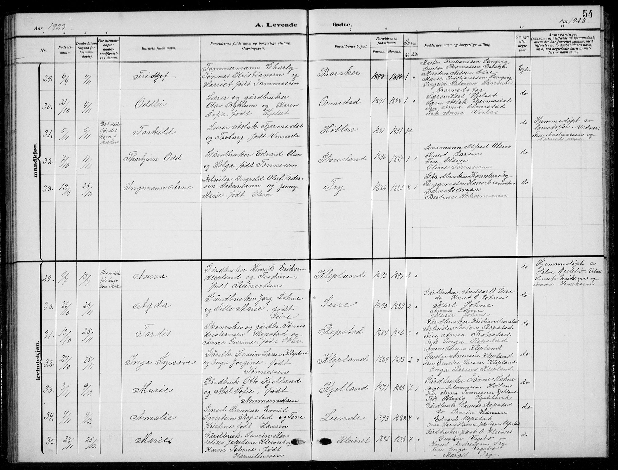 Søgne sokneprestkontor, AV/SAK-1111-0037/F/Fb/Fbb/L0007: Parish register (copy) no. B 7, 1912-1931, p. 54