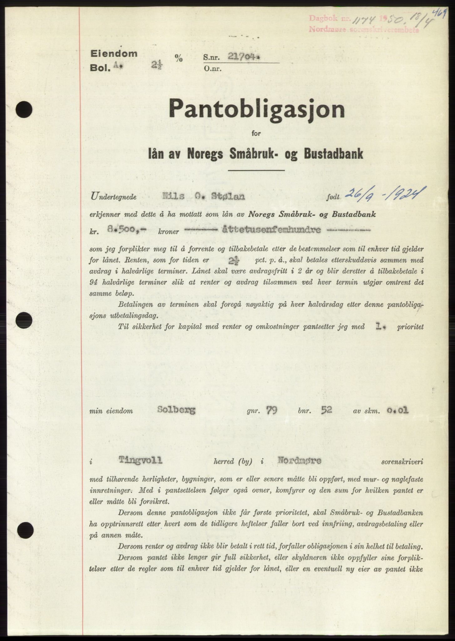 Nordmøre sorenskriveri, AV/SAT-A-4132/1/2/2Ca: Mortgage book no. B104, 1950-1950, Diary no: : 1174/1950