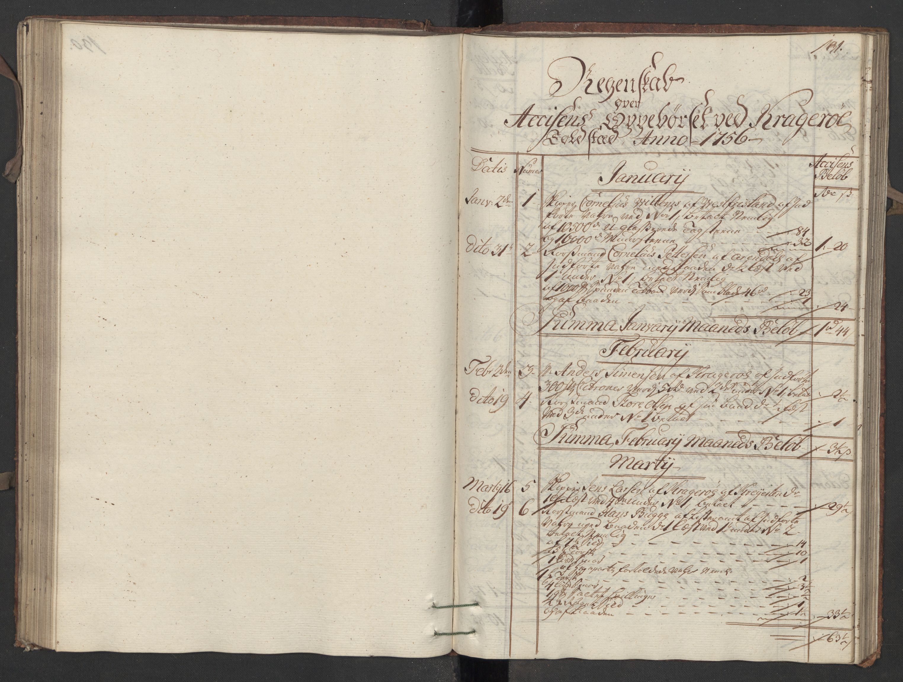 Generaltollkammeret, tollregnskaper, AV/RA-EA-5490/R13/L0020/0001: Tollregnskaper Kragerø / Inngående hovedtollbok, 1756, p. 130b-131a