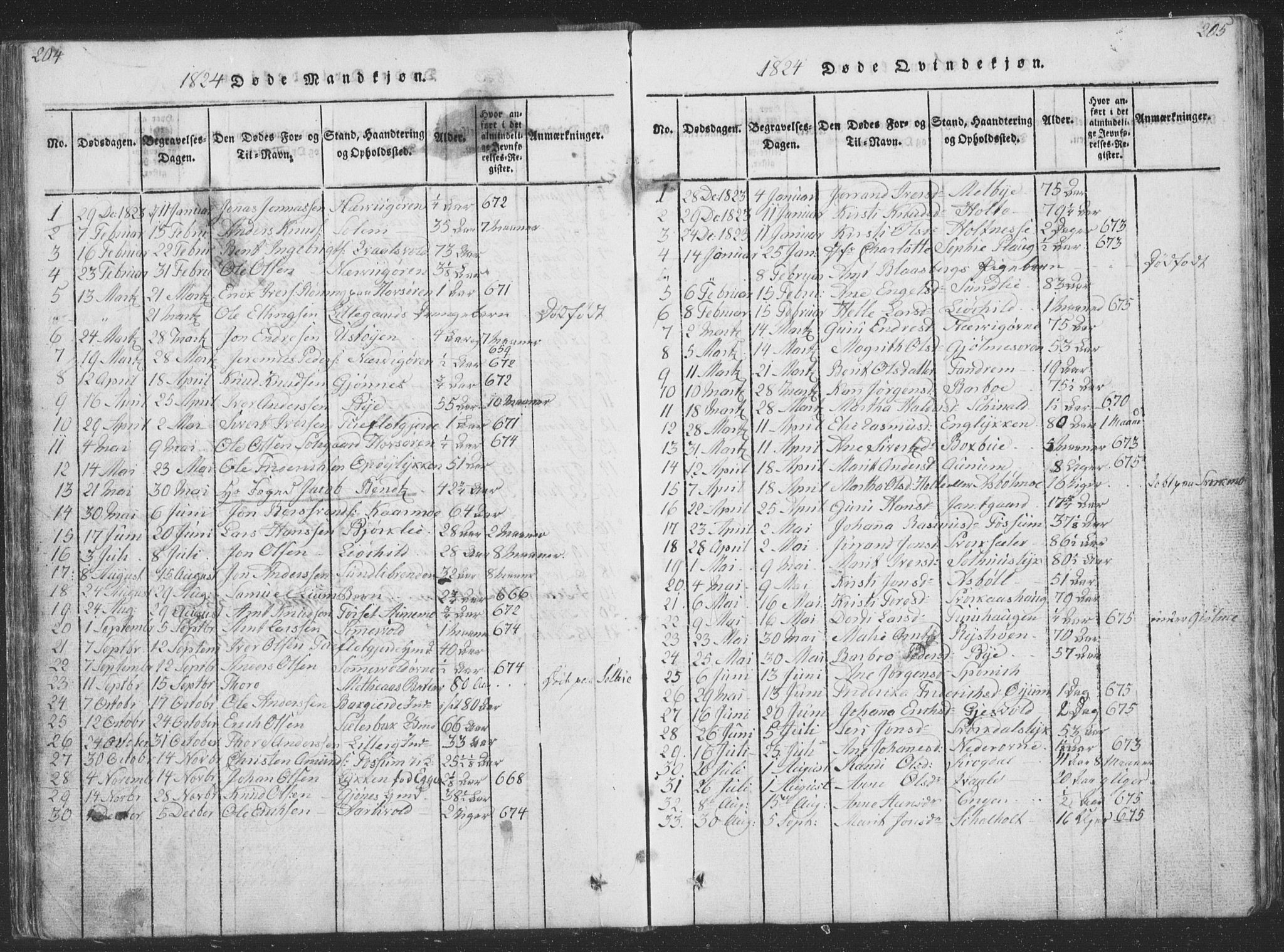 Ministerialprotokoller, klokkerbøker og fødselsregistre - Sør-Trøndelag, SAT/A-1456/668/L0816: Parish register (copy) no. 668C05, 1816-1893, p. 204-205