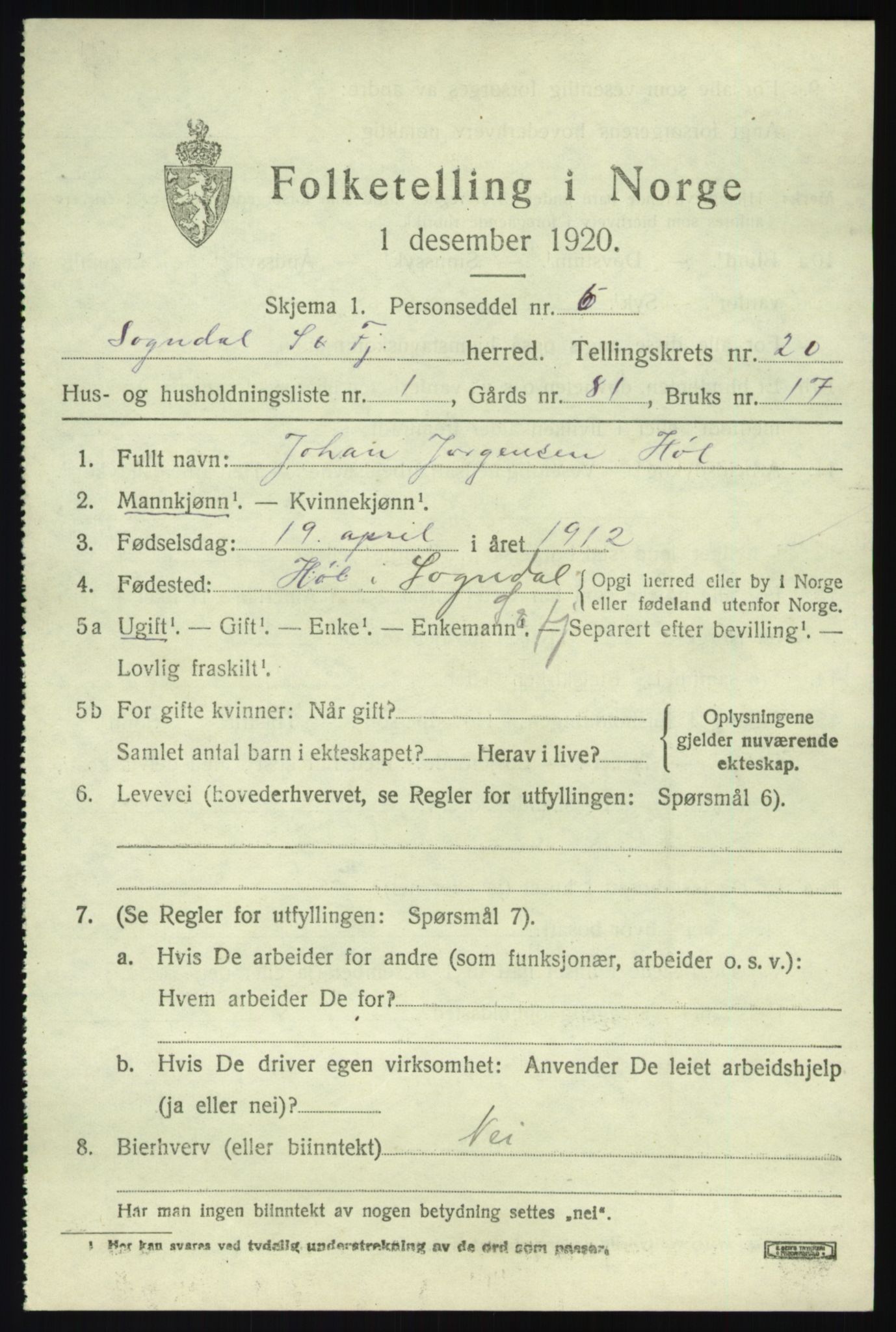 SAB, 1920 census for Sogndal, 1920, p. 7515