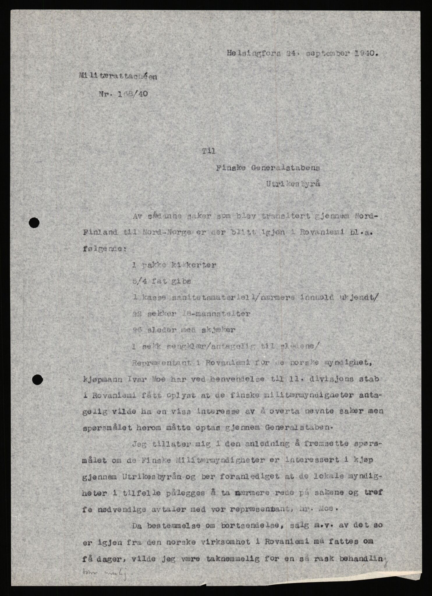 Forsvaret, Forsvarets krigshistoriske avdeling, AV/RA-RAFA-2017/Y/Ya/L0006: II-C-11-11,2 - Utenriksdepartementet.  Legasjonen i Helsingfors., 1940-1946, p. 143
