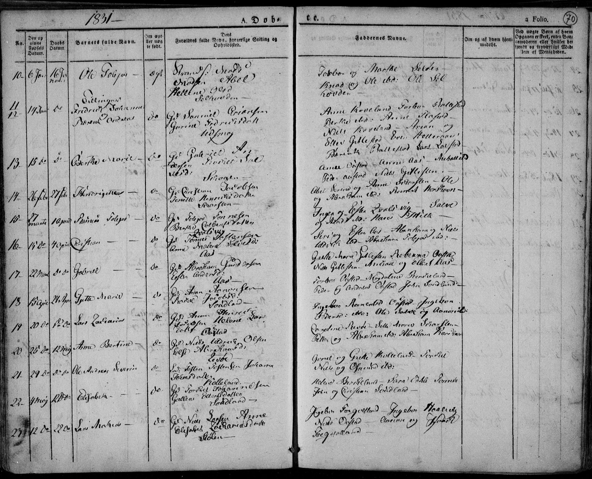 Lyngdal sokneprestkontor, AV/SAK-1111-0029/F/Fa/Fac/L0007: Parish register (official) no. A 7, 1825-1838, p. 70