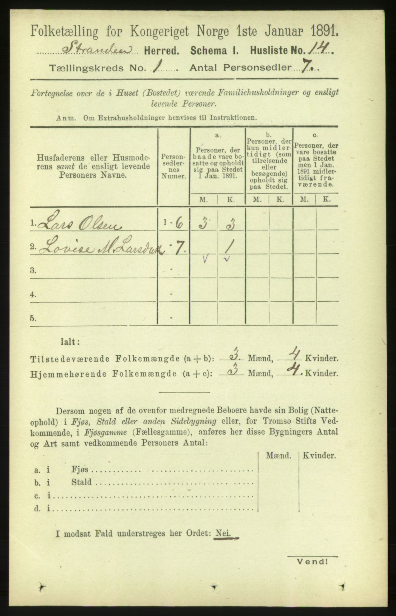 RA, 1891 census for 1525 Stranda, 1891, p. 33