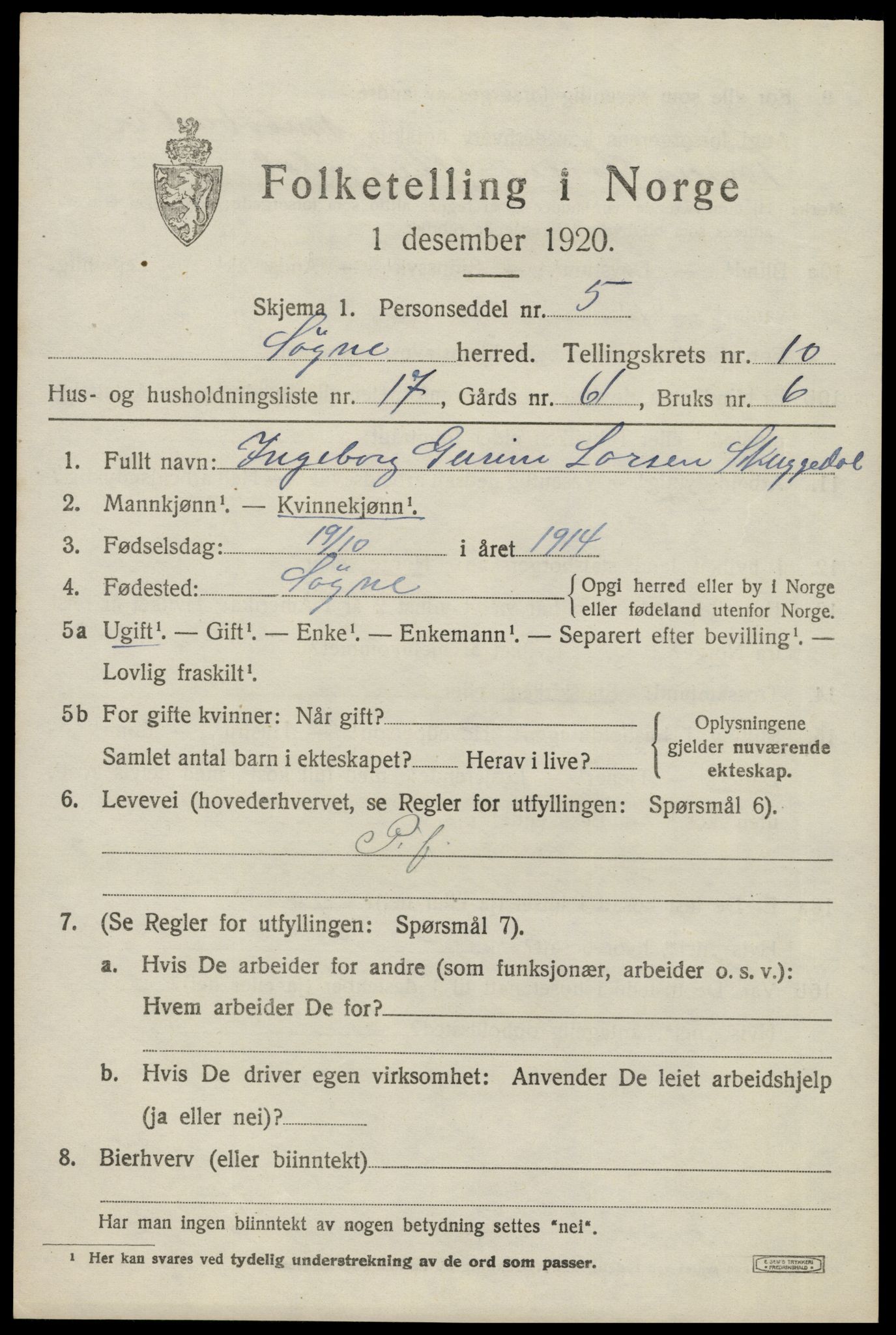 SAK, 1920 census for Søgne, 1920, p. 5591