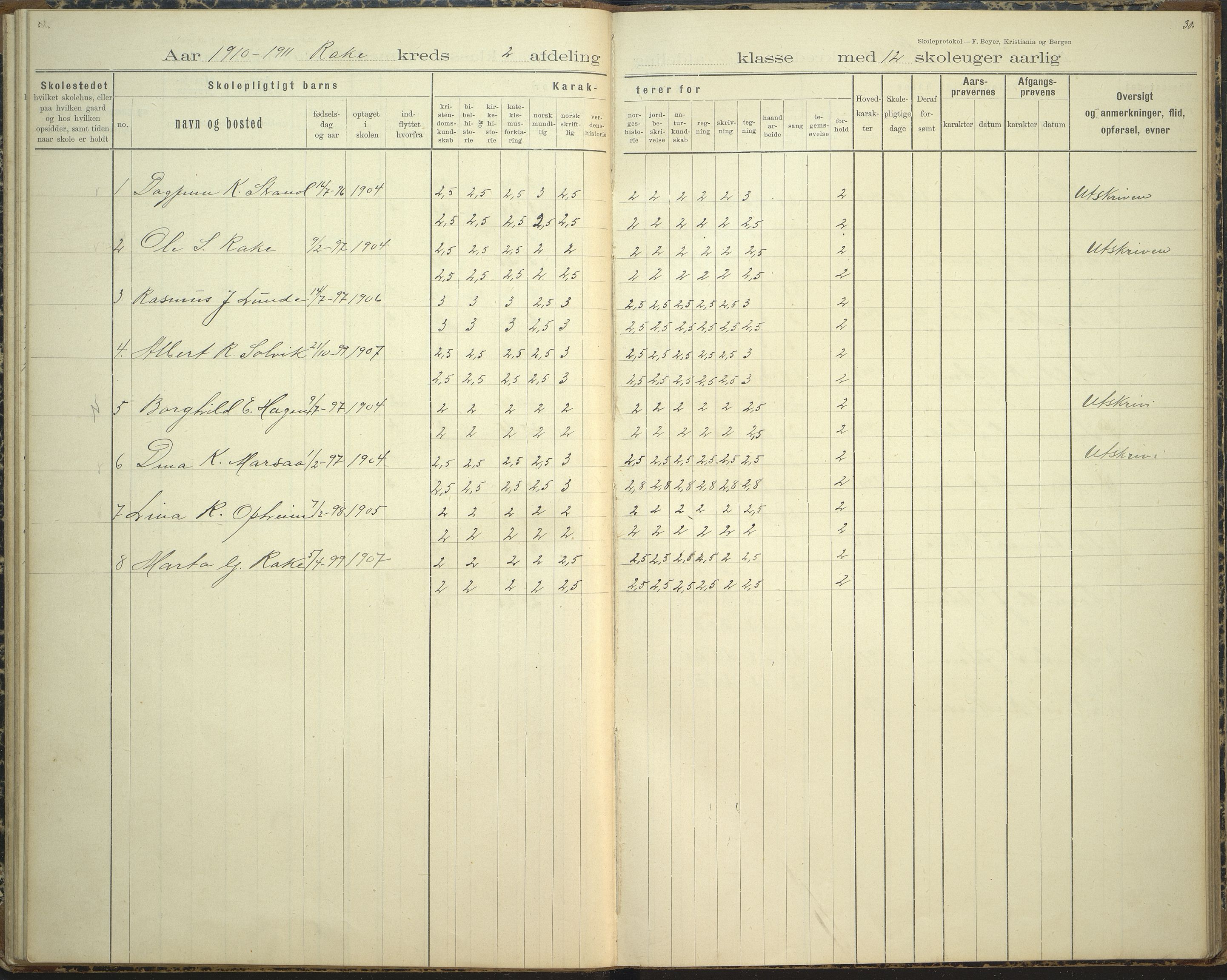 Stryn kommune. Rake skule, VLFK/K-14491.520.14/542/L0002: skuleprotokoll for Rake skule og Skarstein skule, 1895-1912, p. 30