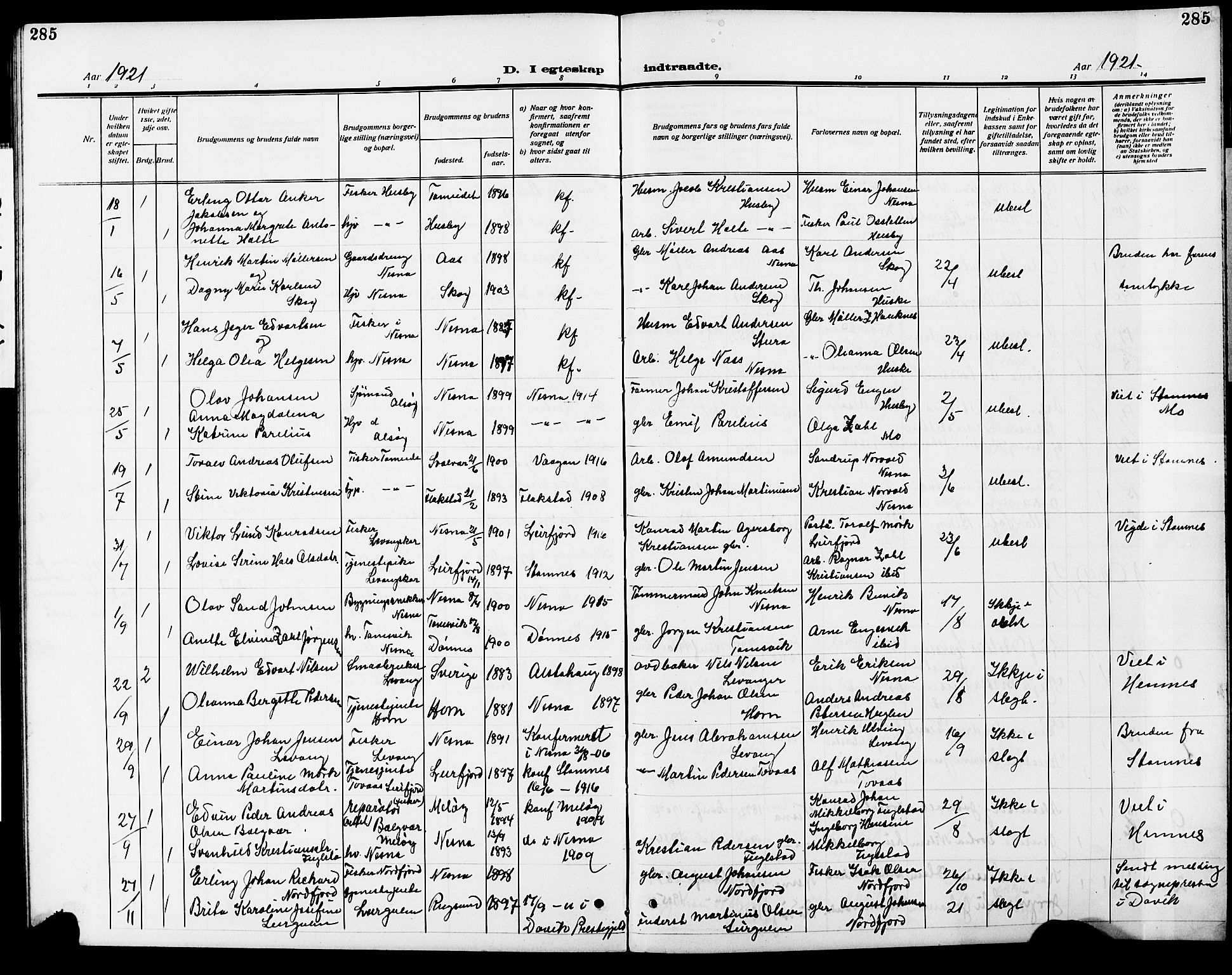 Ministerialprotokoller, klokkerbøker og fødselsregistre - Nordland, SAT/A-1459/838/L0560: Parish register (copy) no. 838C07, 1910-1928, p. 285