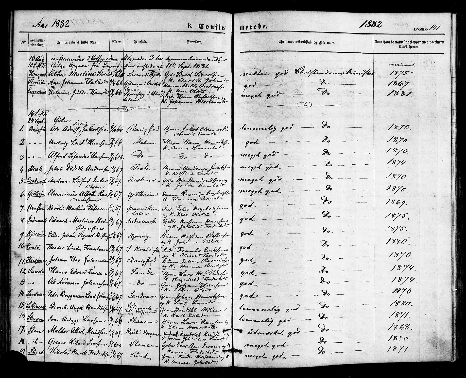 Ministerialprotokoller, klokkerbøker og fødselsregistre - Nordland, AV/SAT-A-1459/812/L0177: Parish register (official) no. 812A06, 1875-1885, p. 141