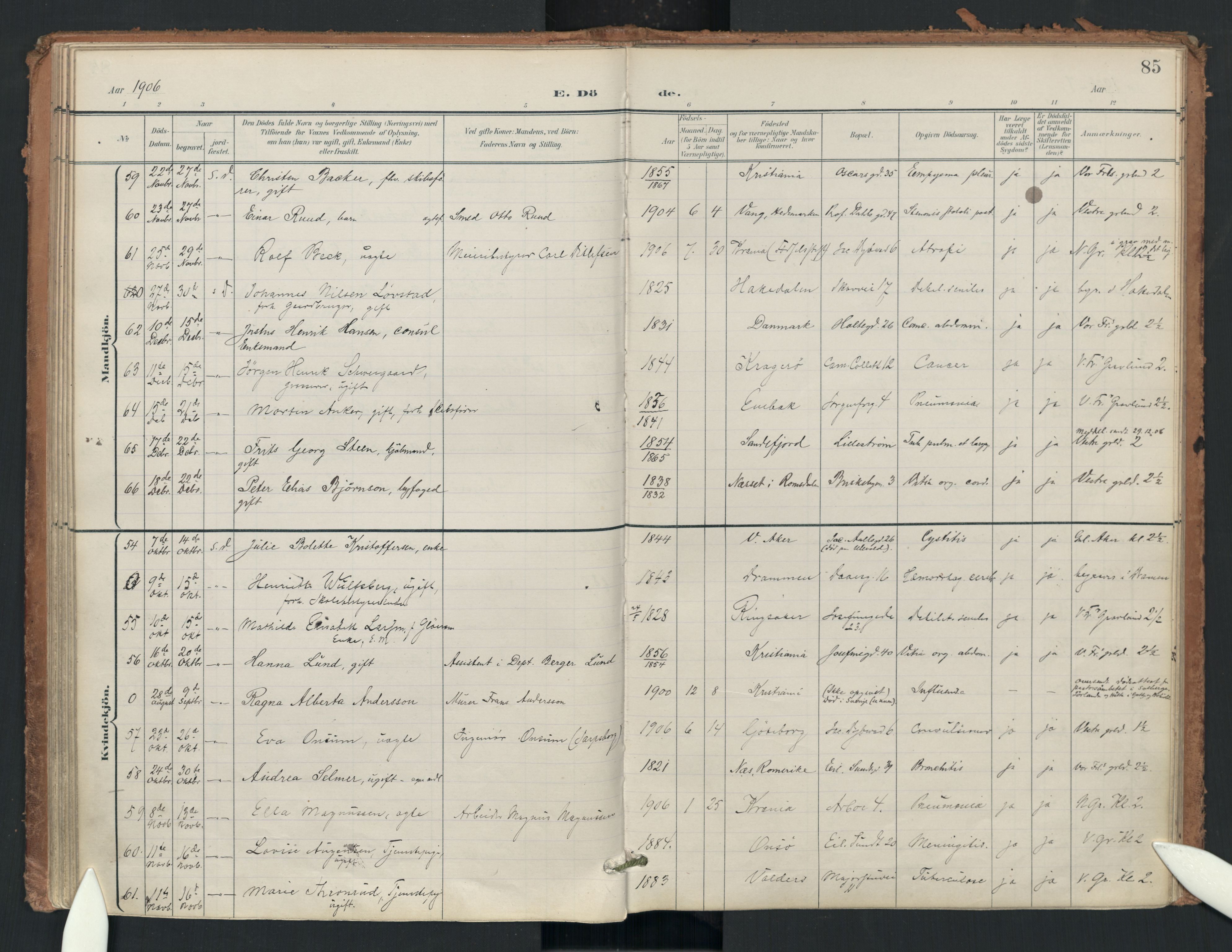 Uranienborg prestekontor Kirkebøker, AV/SAO-A-10877/F/Fa/L0008: Parish register (official) no. I 8, 1898-1936, p. 85