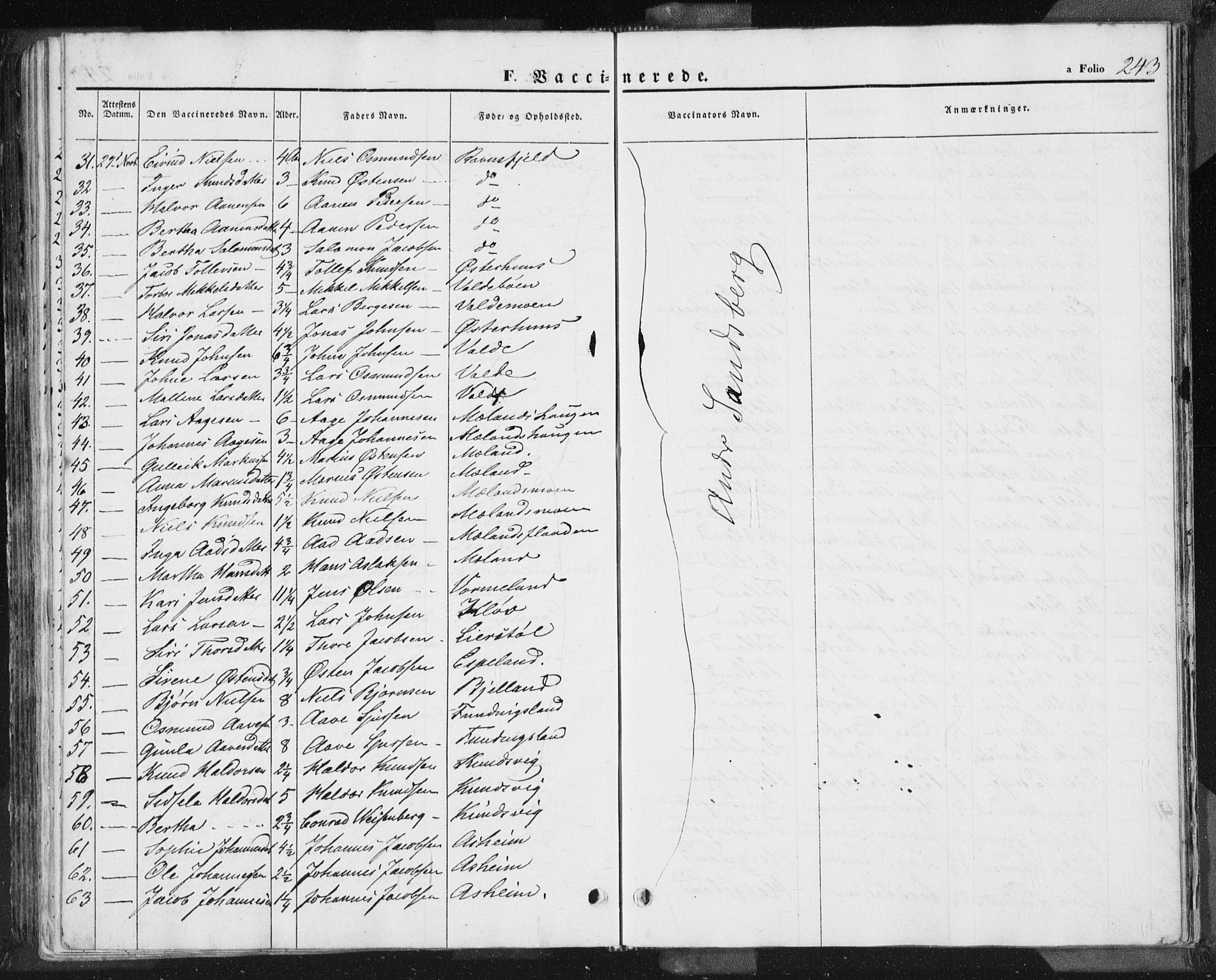 Hjelmeland sokneprestkontor, AV/SAST-A-101843/01/IV/L0009: Parish register (official) no. A 9, 1846-1860, p. 243