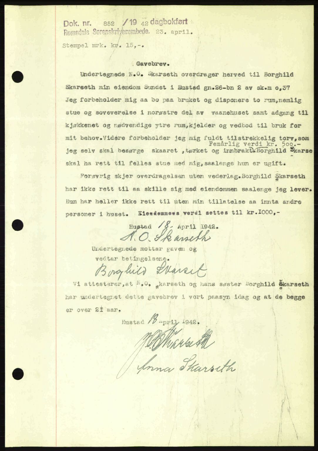 Romsdal sorenskriveri, AV/SAT-A-4149/1/2/2C: Mortgage book no. A12, 1942-1942, Diary no: : 852/1942