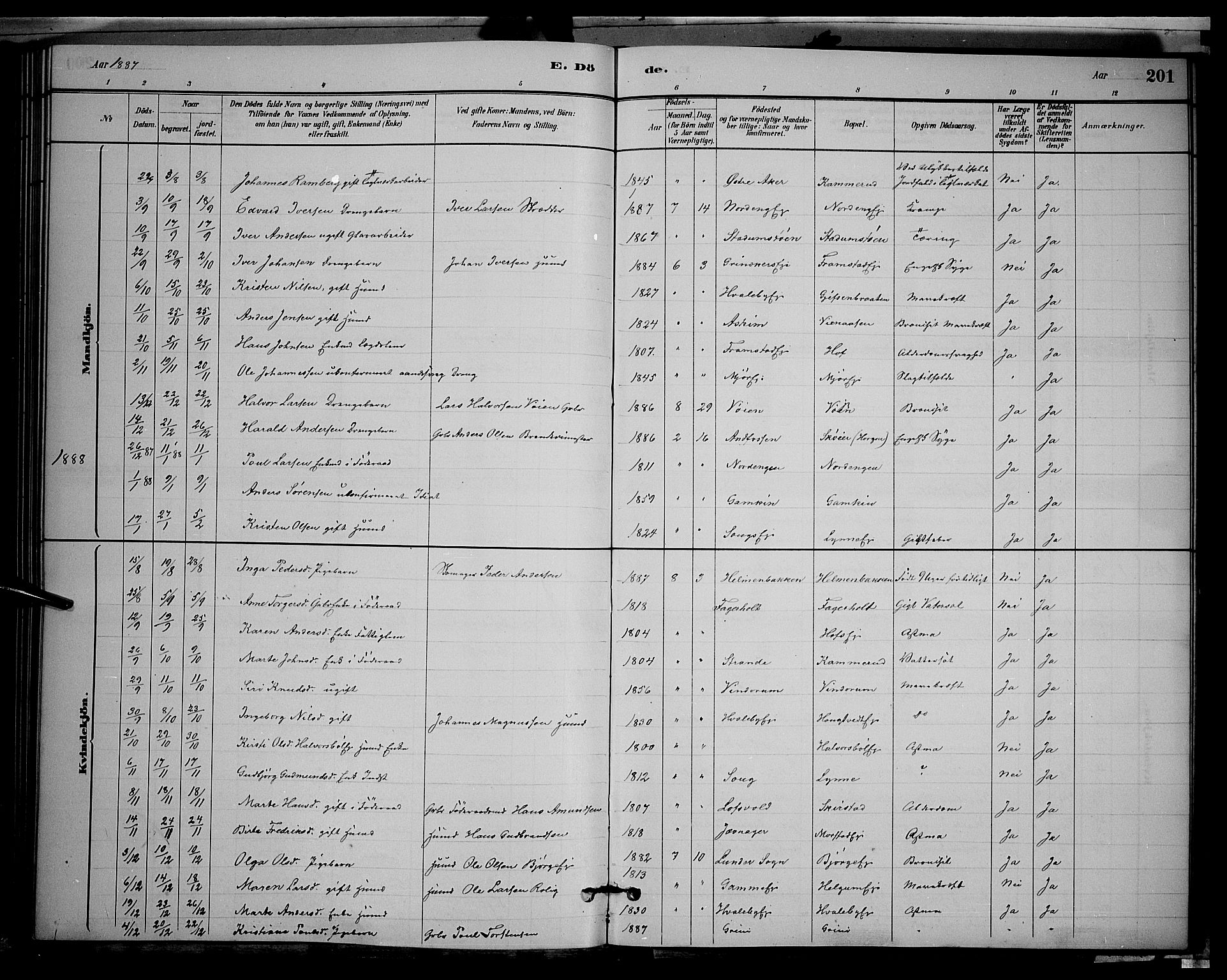 Gran prestekontor, SAH/PREST-112/H/Ha/Hab/L0002: Parish register (copy) no. 2, 1879-1892, p. 201
