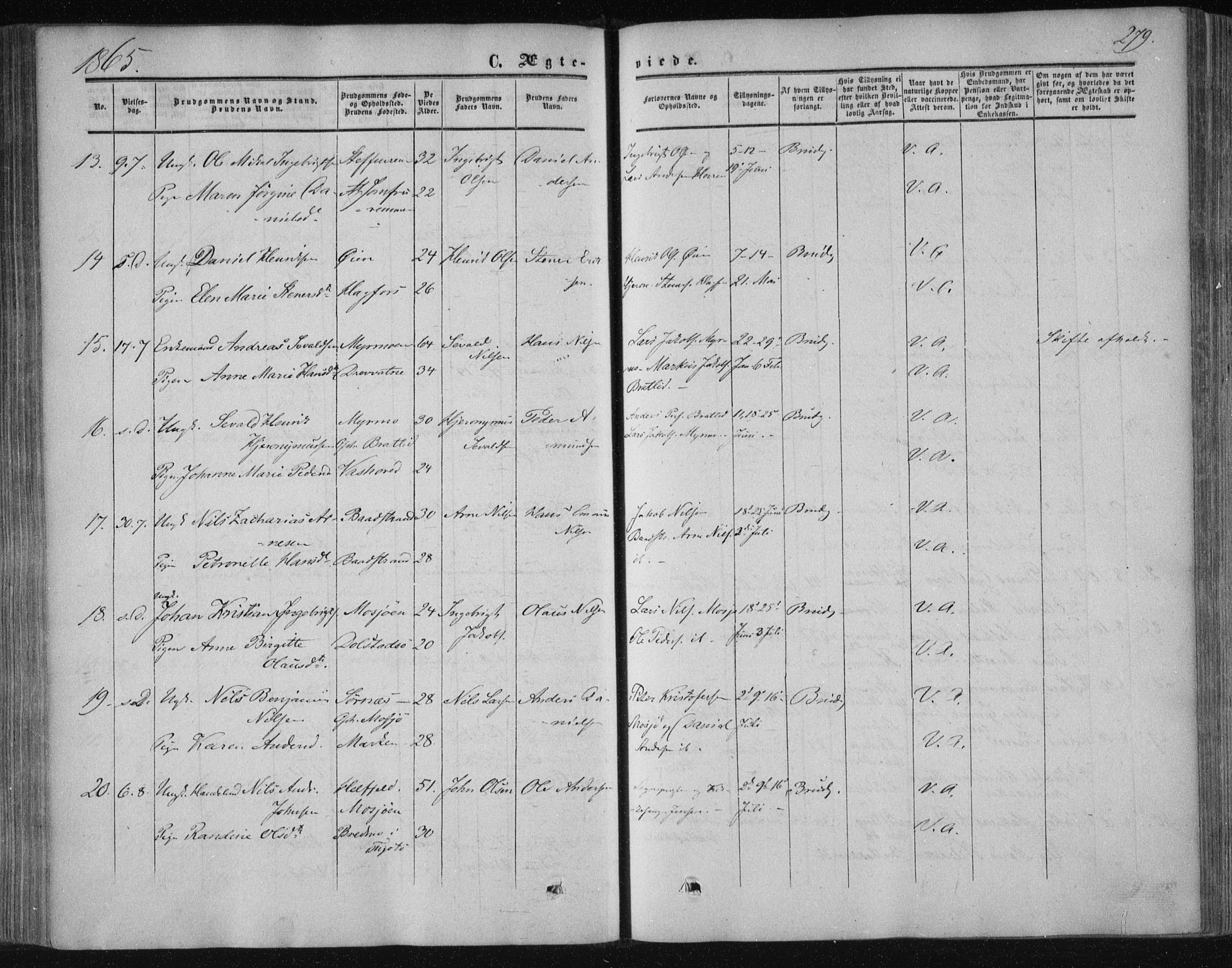 Ministerialprotokoller, klokkerbøker og fødselsregistre - Nordland, AV/SAT-A-1459/820/L0293: Parish register (official) no. 820A14, 1855-1865, p. 279