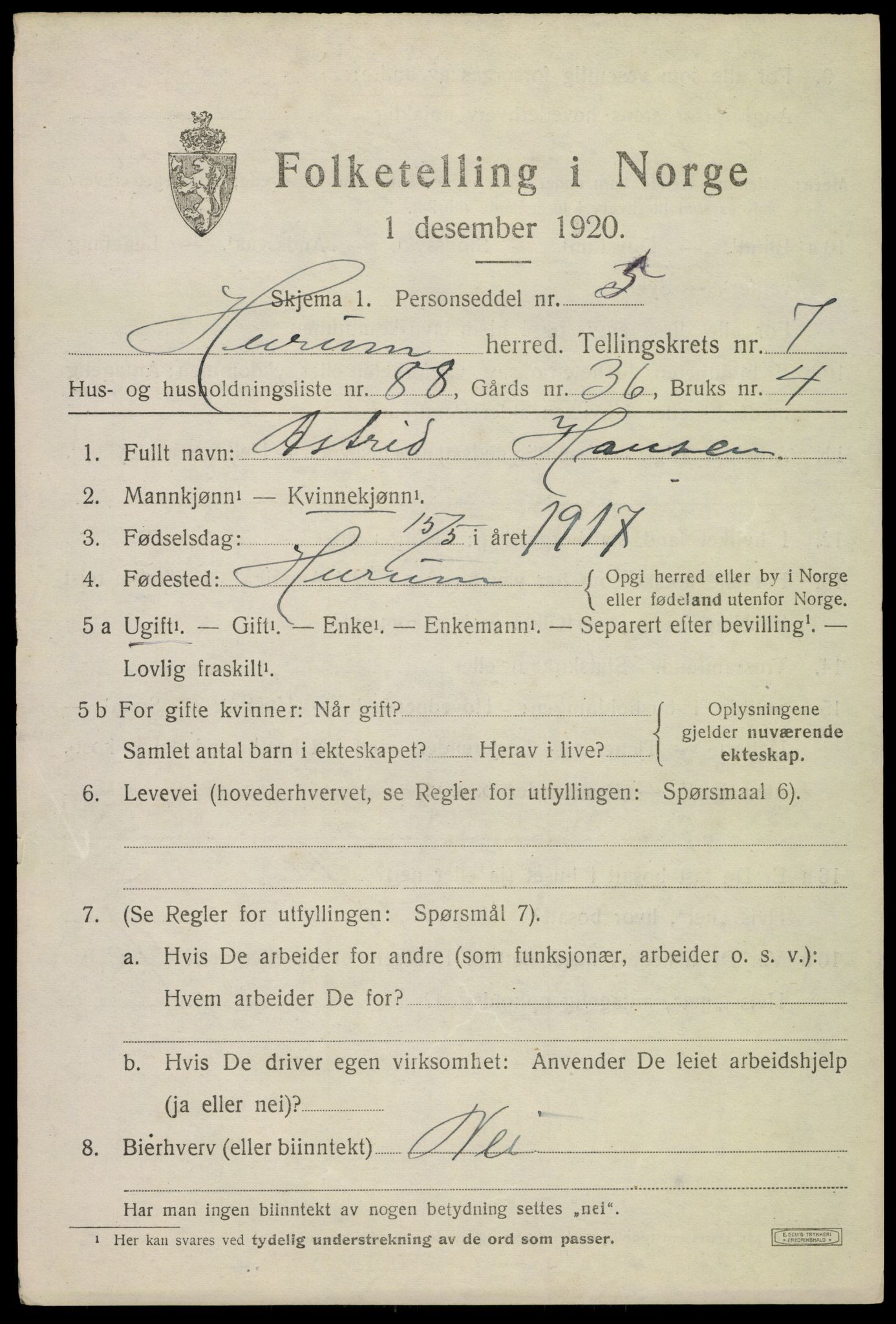 SAKO, 1920 census for Hurum, 1920, p. 10106