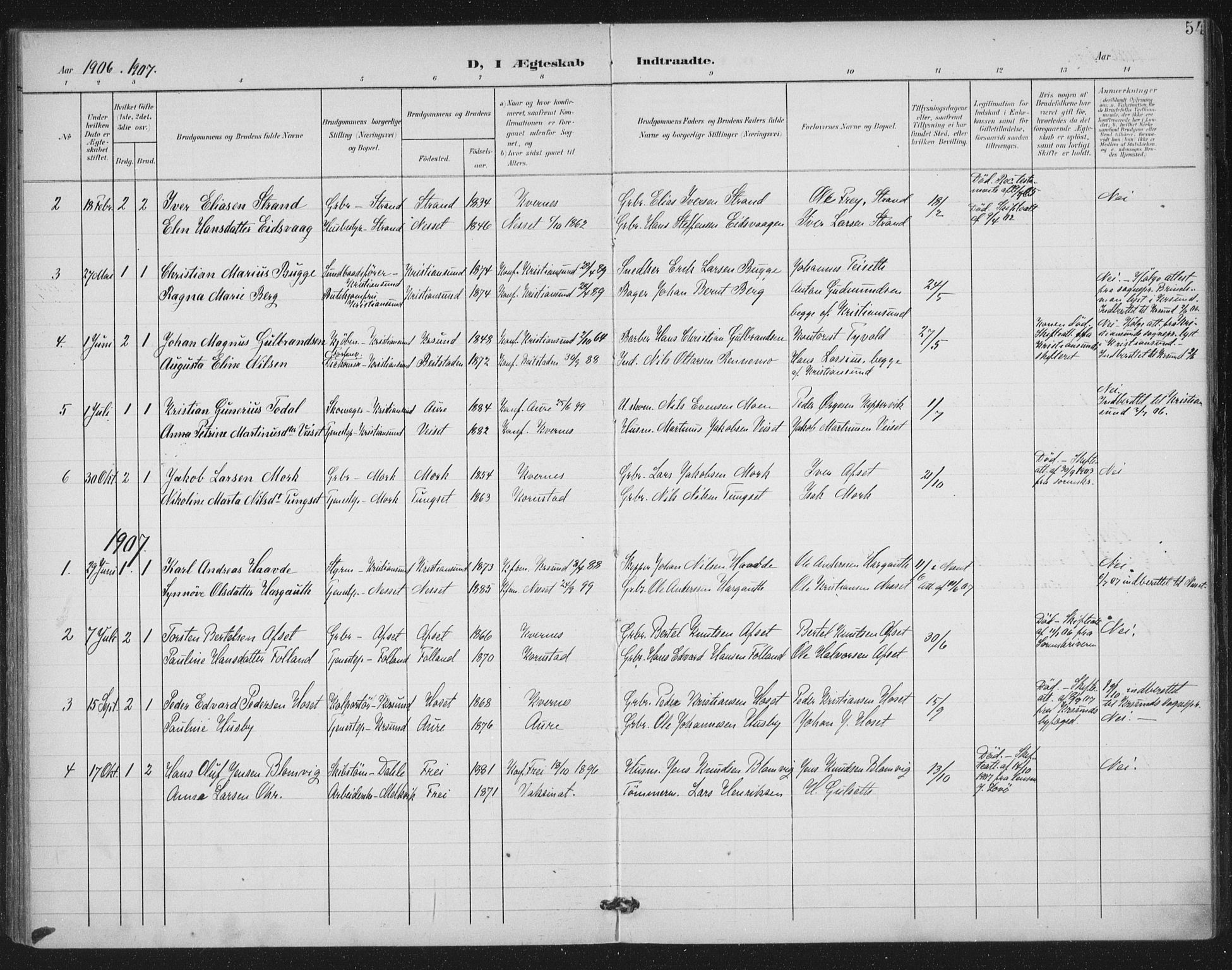 Ministerialprotokoller, klokkerbøker og fødselsregistre - Møre og Romsdal, SAT/A-1454/568/L0810: Parish register (official) no. 568A14, 1901-1915, p. 54