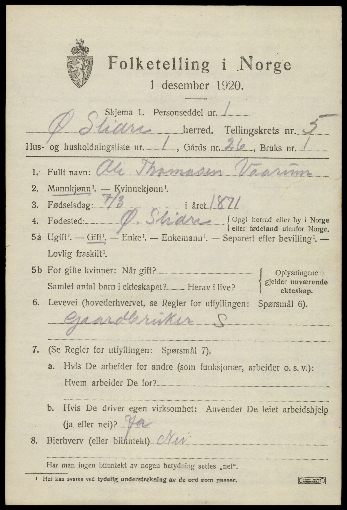 SAH, 1920 census for Øystre Slidre, 1920, p. 2853