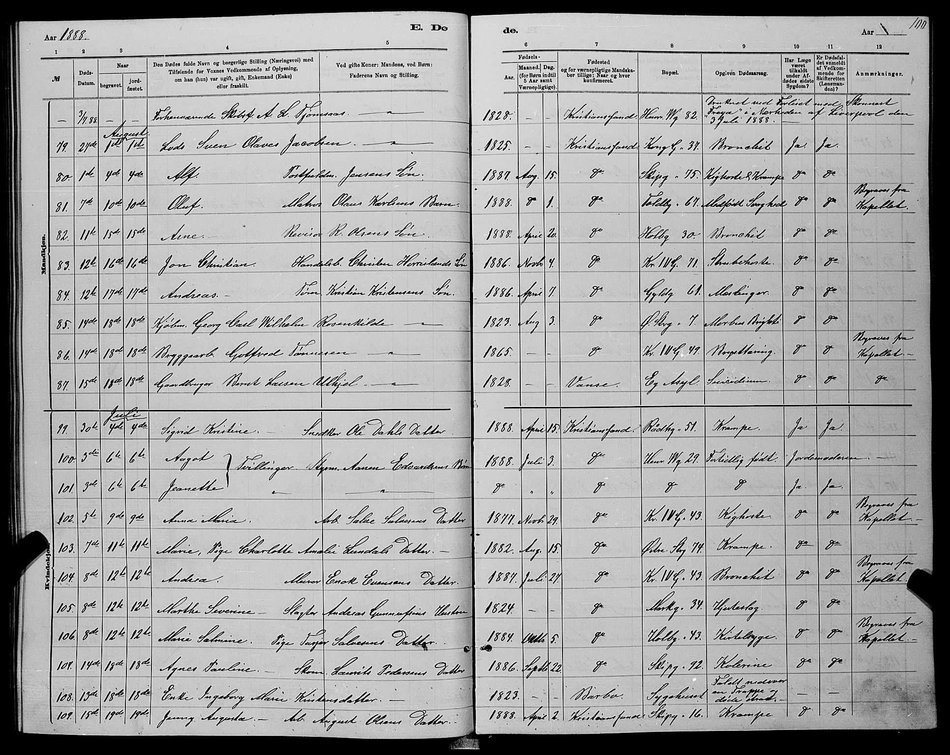 Kristiansand domprosti, AV/SAK-1112-0006/F/Fb/L0016: Parish register (copy) no. B 16, 1881-1893, p. 100