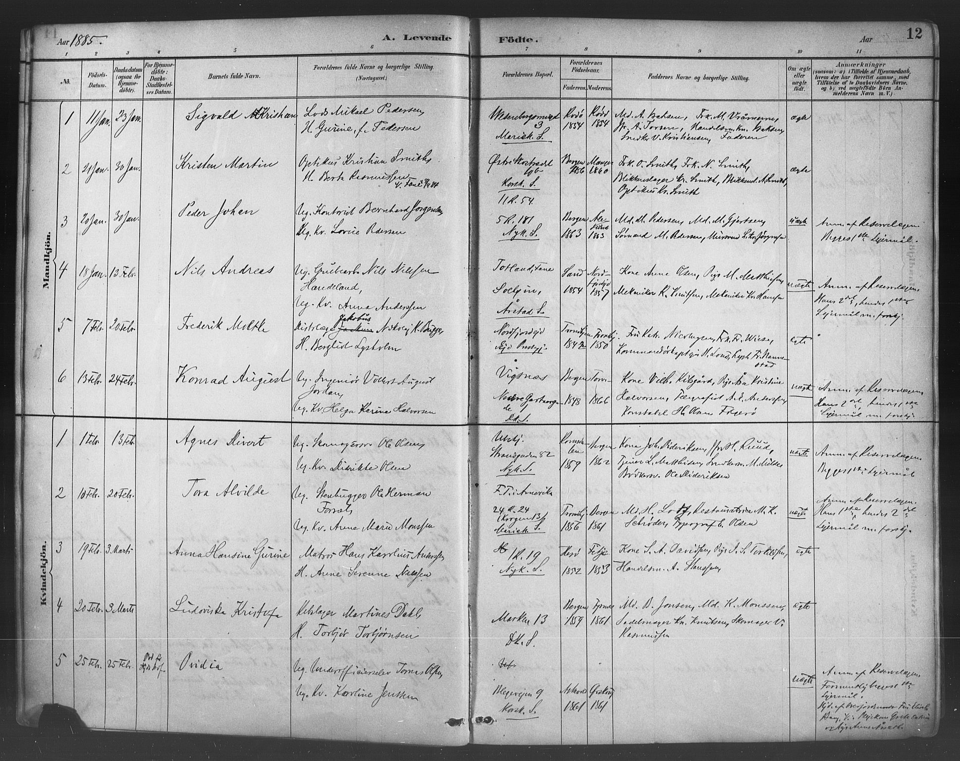 Fødselsstiftelsens sokneprestembete*, SAB/-: Parish register (official) no. A 2, 1884-1900, p. 12