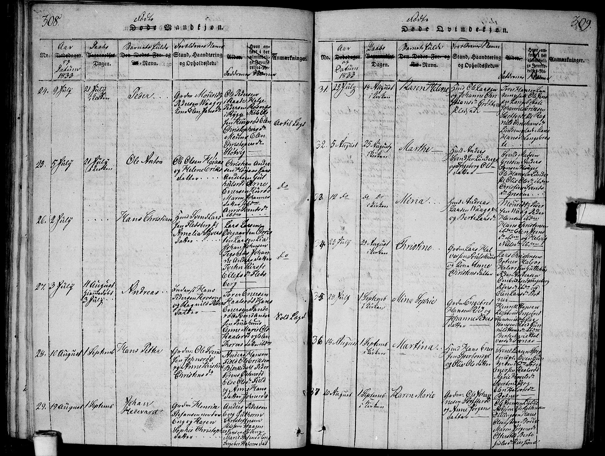 Våler prestekontor Kirkebøker, SAO/A-11083/G/Ga/L0001: Parish register (copy) no. I 1, 1815-1839, p. 308-309