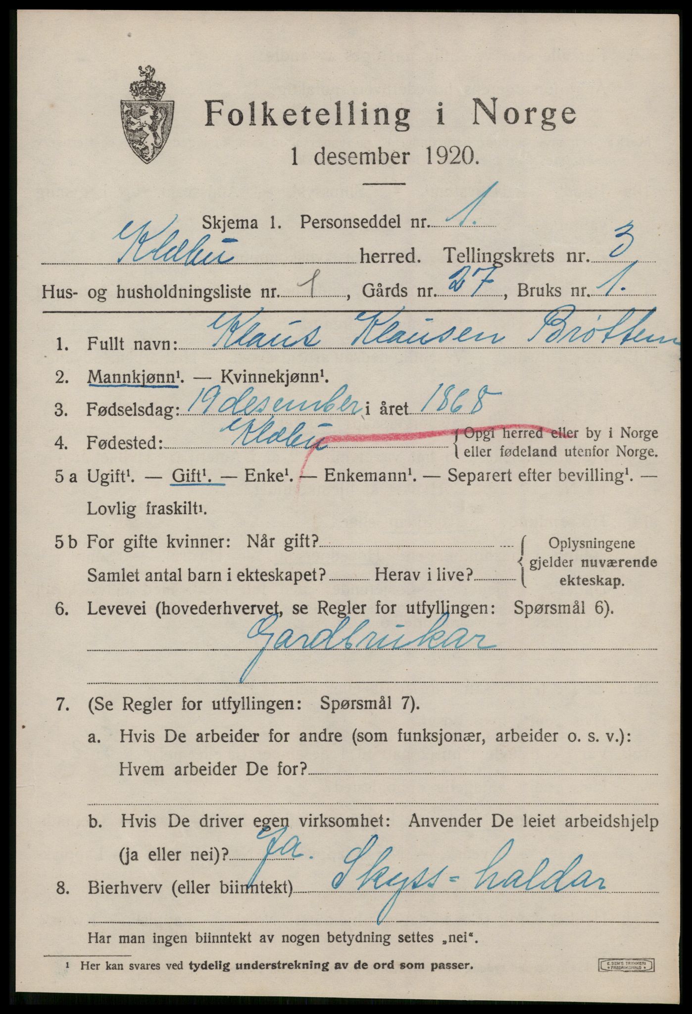 SAT, 1920 census for Klæbu, 1920, p. 1654