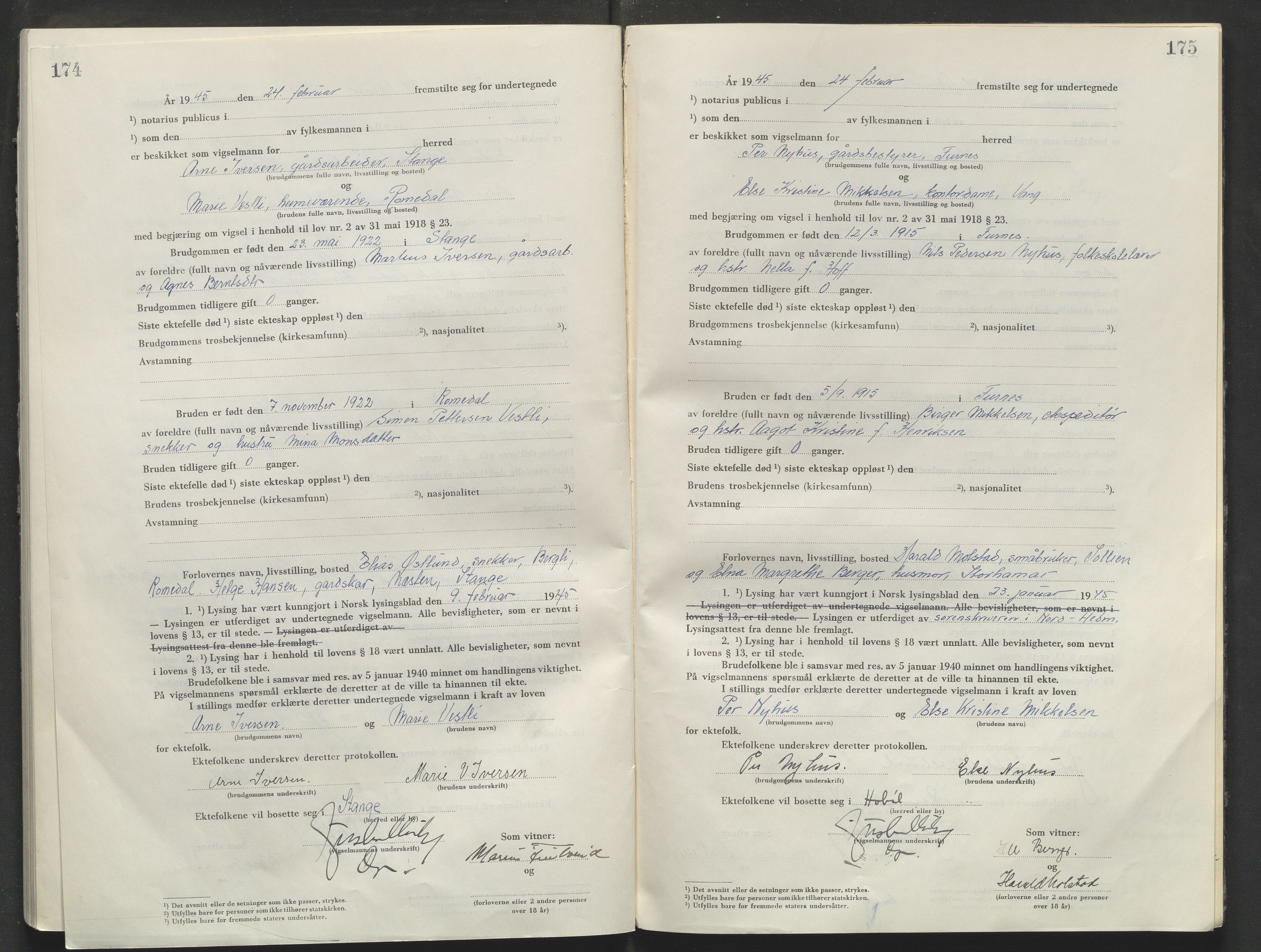 Sør-Hedmark sorenskriveri, AV/SAH-TING-014/L/Le/L0002/0001: Vigselsbøker / Vigselbok, 1944-1945, p. 176-177