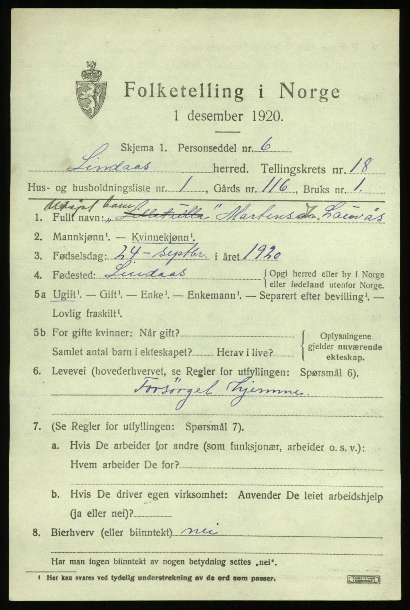 SAB, 1920 census for Lindås, 1920, p. 9315