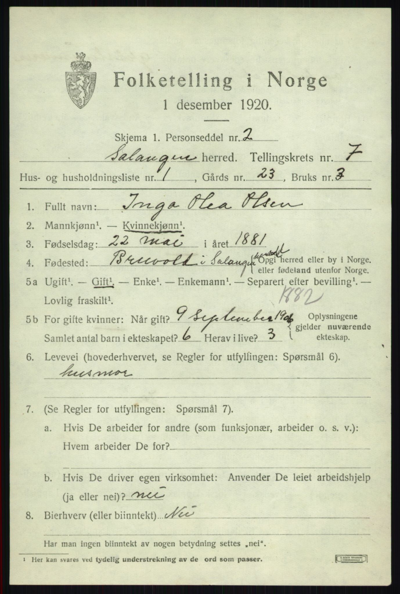 SATØ, 1920 census for Salangen, 1920, p. 4598