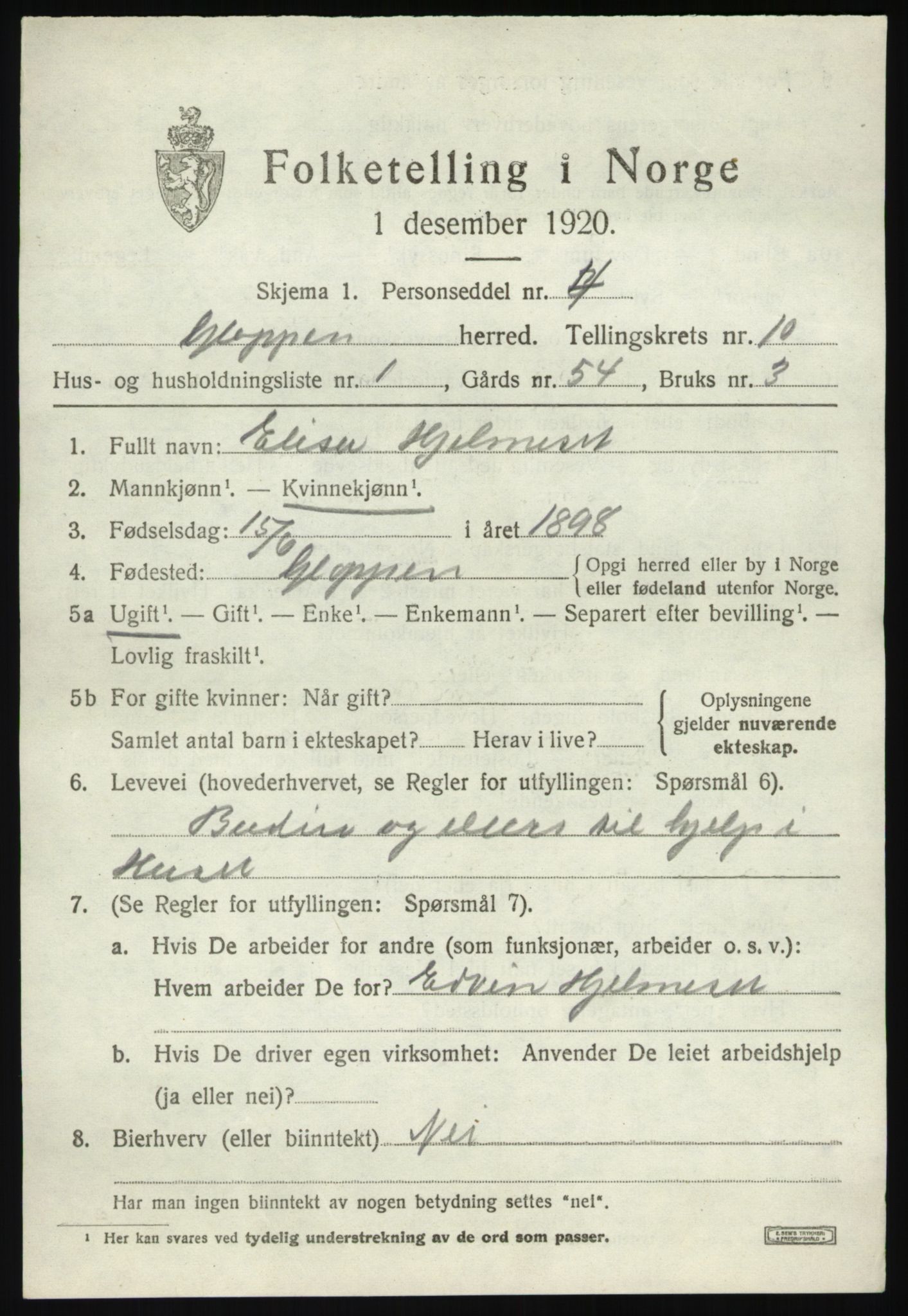 SAB, 1920 census for Gloppen, 1920, p. 5214