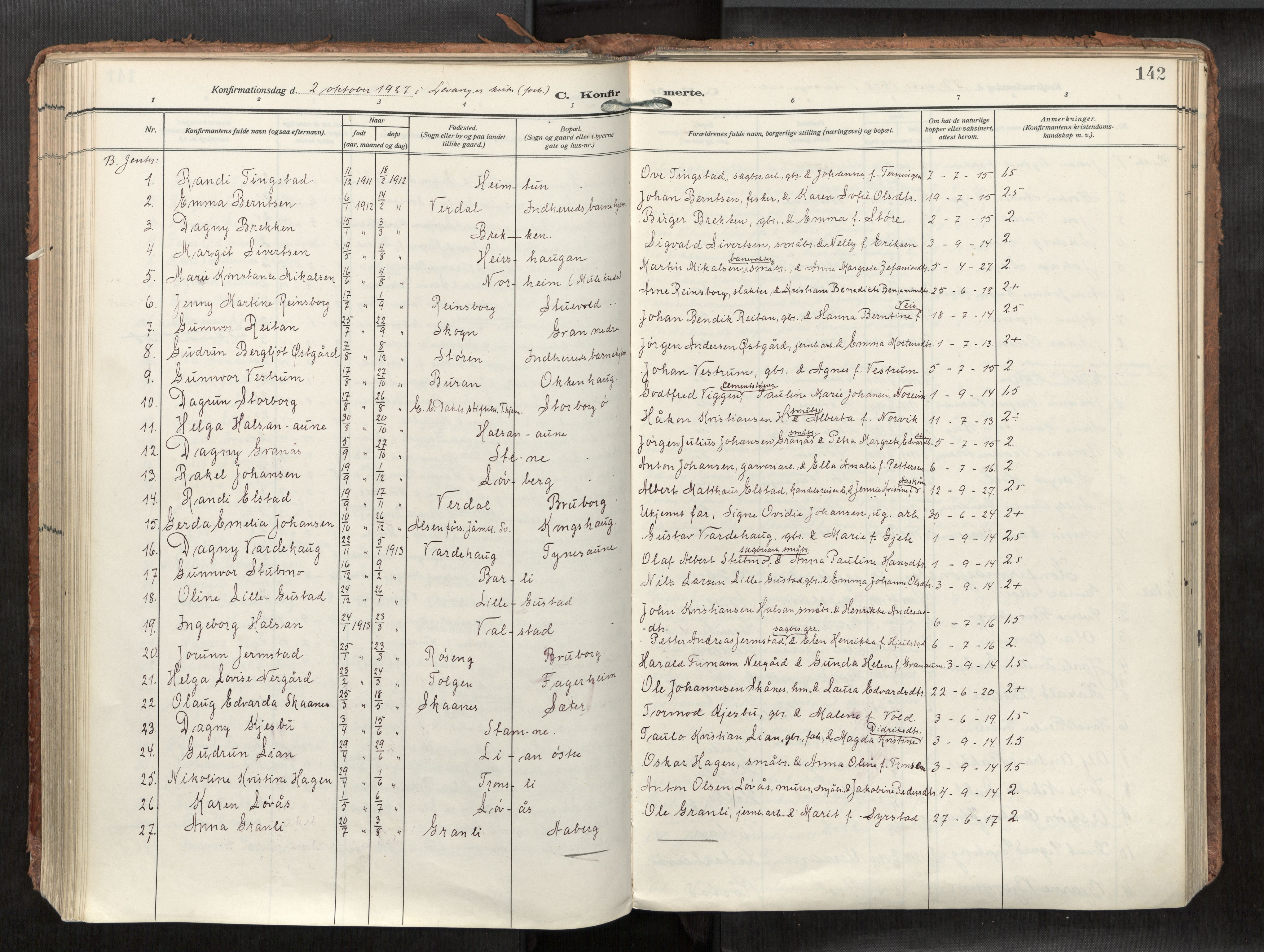 Levanger sokneprestkontor, SAT/A-1301/2/H/Haa/L0002: Parish register (official) no. 2, 1912-1935, p. 142
